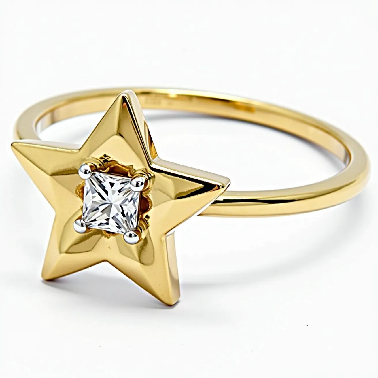 This star ring features a sleek, polished gold band that forms a complete circle, offering a delicate and refined appearance. At its center, a prominent star-shaped emblem is crafted from the same gold material, presenting a smooth and reflective surface. Nestled within the star is a square-cut clear gemstone, possibly a diamond or a high-quality crystal, held securely by four prongs. The prong setting elevates the stone slightly above the star, allowing light to enter from multiple angles, enhancing its brilliance and sparkle. The ring exemplifies a harmonious blend of playful design with luxurious materials.