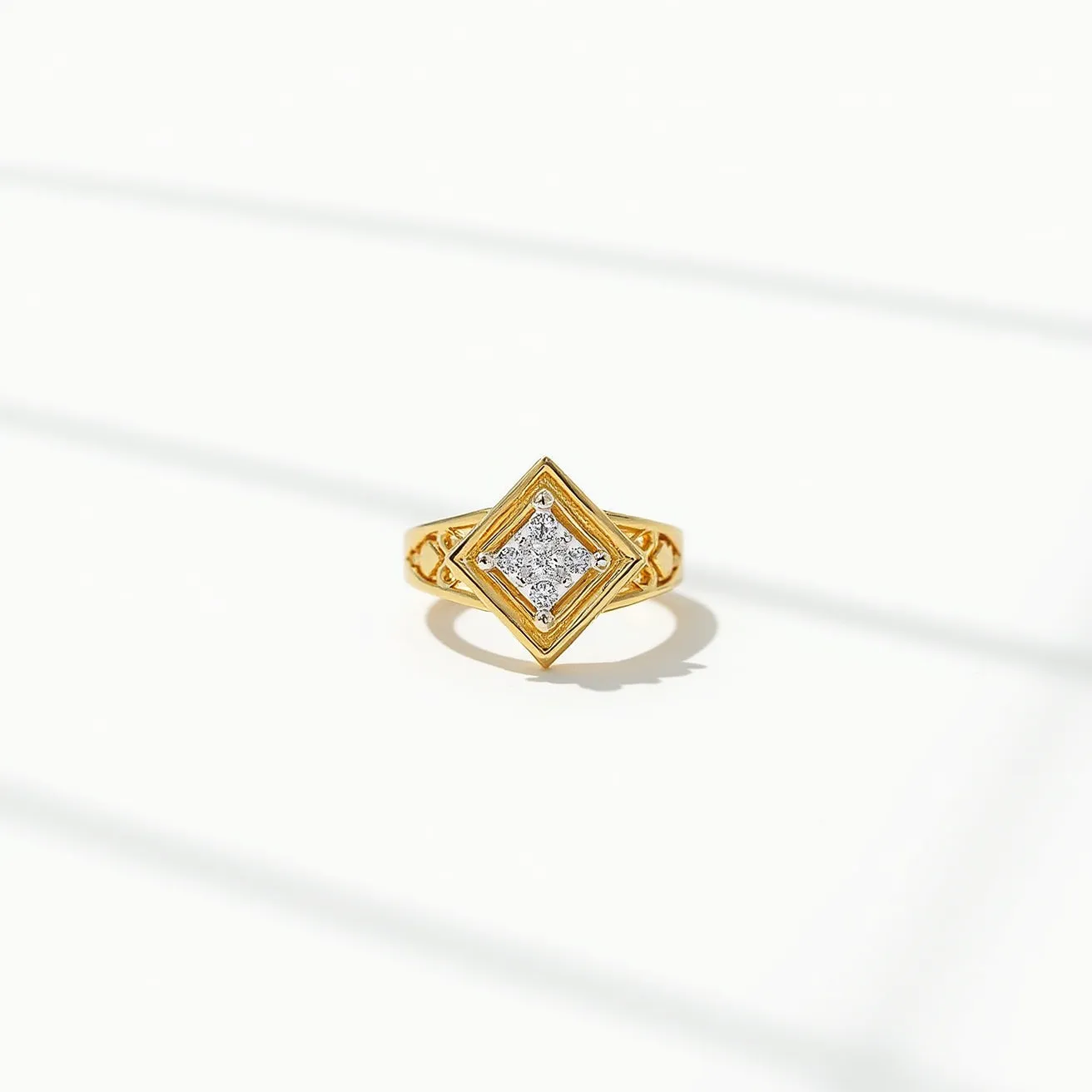 This statement ring features a gold band intricately designed with delicate filigree work, showcasing a central square-shaped gem. The gem appears to be a cluster of smaller diamonds set in a pavé setting, enhancing its brilliance and adding a touch of elegance. The diamonds are arranged in a way that creates the illusion of a larger diamond, framed by a polished gold bezel that emphasizes the ring’s bold and sophisticated aesthetic. The combination of the shiny gold and sparkling diamonds results in a luxurious and eye-catching piece of jewelry.