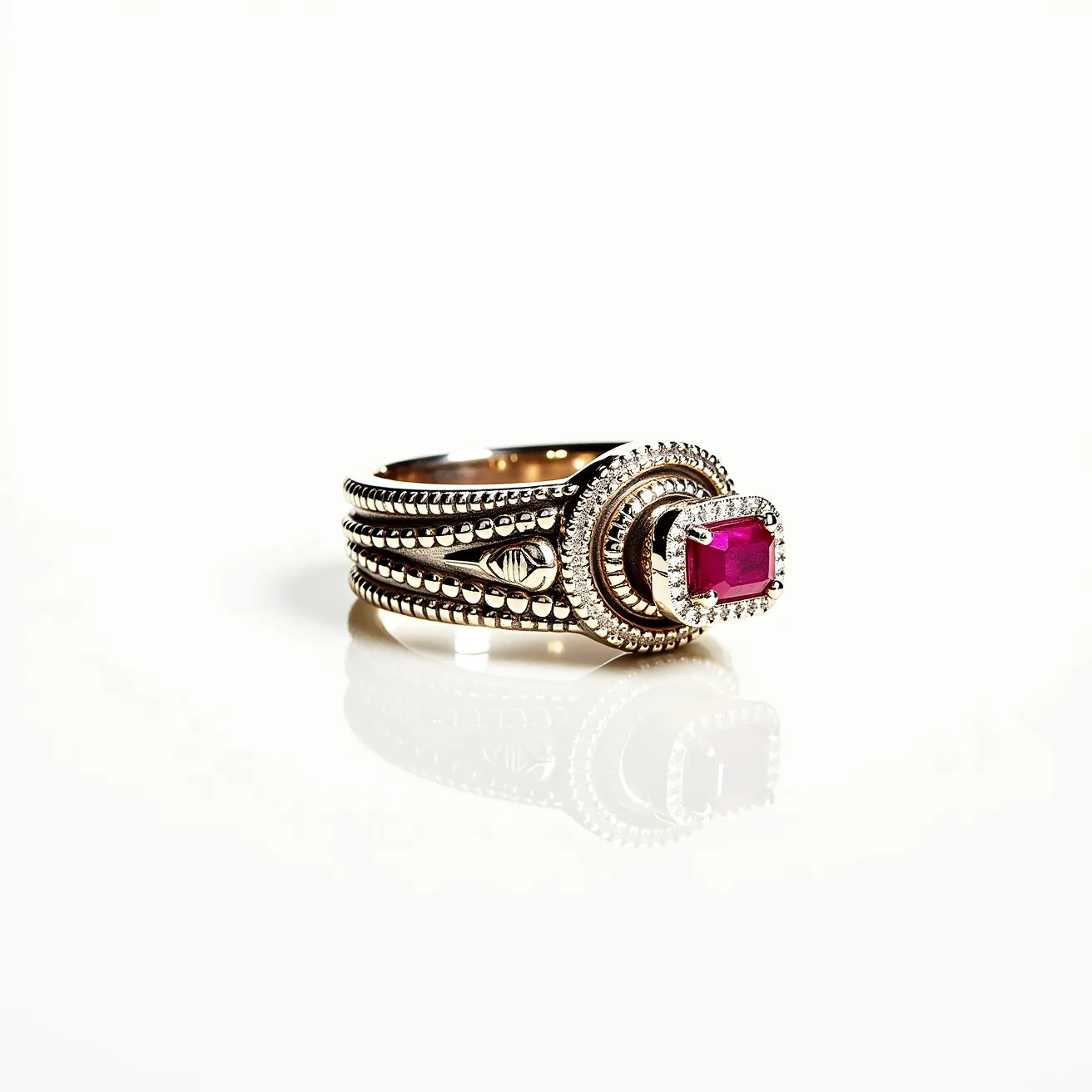 This statement ring features an intricate band adorned with multiple rows of metal beads, giving it a textured and elegant appearance. At its center, the ring showcases a vibrant rectangular-cut ruby, set in a secure prong setting. Surrounding the ruby is a delicate halo of smaller metal beads that enhance its brilliance and add depth to the design. The combination of the detailed band and the striking centerpiece creates a sophisticated and eye-catching piece of jewelry.