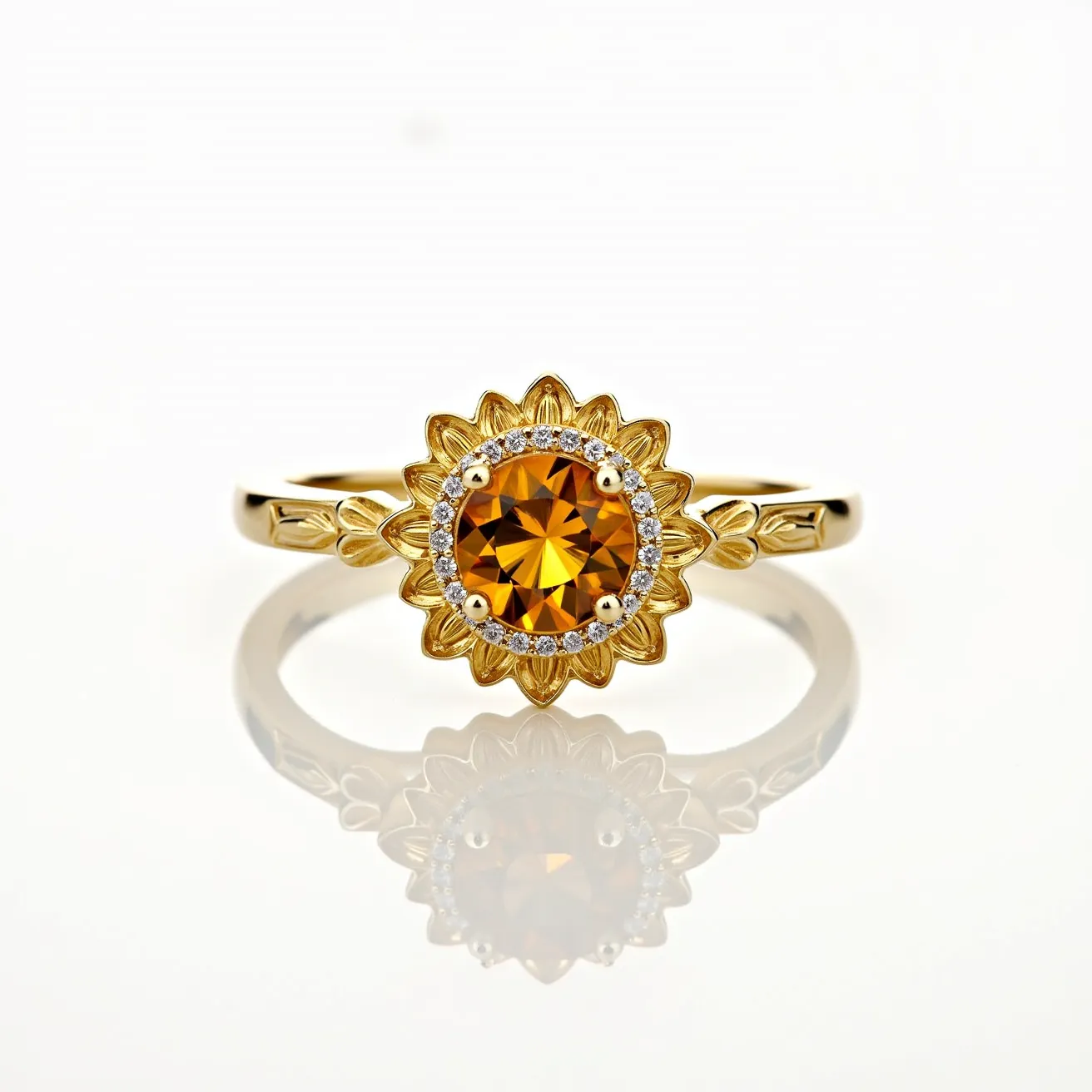 This sunflower ring features a vibrant design with a central round-cut orange gemstone, likely a citrine, securely held by a four-prong setting. Surrounding the central stone is a halo of small, clear gemstones, possibly diamonds, adding a touch of elegance. The metal appears to be gold, shaped to resemble sunflower petals, enhancing the natural theme. The band is detailed with embossed leaf motifs, adding to the intricate floral design, and is polished to a high shine. The craftsmanship and choice of materials combine to create a striking and elegant piece of jewelry.