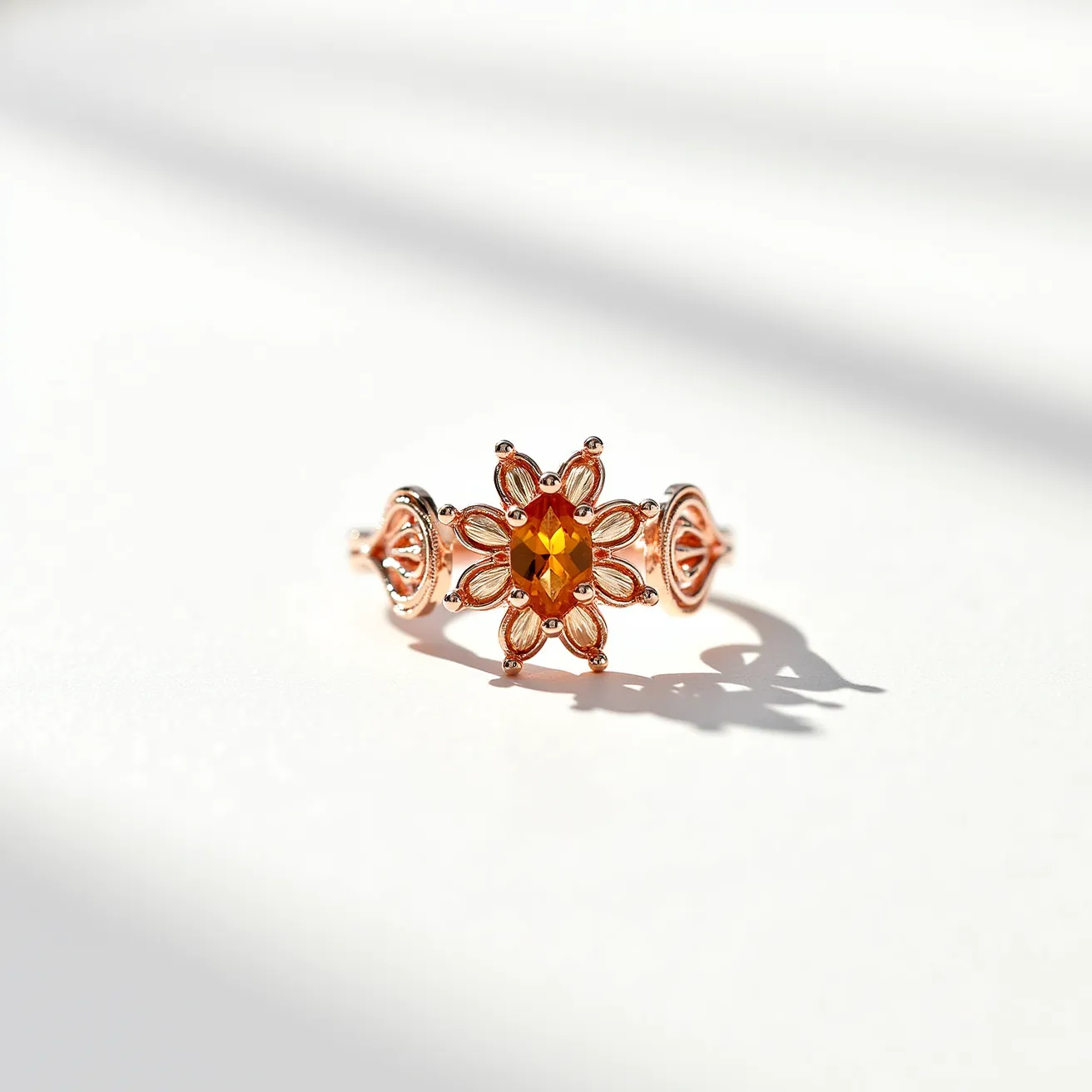 This sunflower ring features a central oval-cut gemstone with a vivid yellow-orange hue, likely a citrine or similar stone, embraced by a setting that resembles sunflower petals crafted from a warm, rose gold material. The intricate design includes delicate petal details surrounding the central stone, enhancing the floral motif. Additional decorative elements flank the central flower, echoing the sunflower theme and adding symmetry to the design. The band transitions smoothly from the embellishments to a polished finish, ensuring comfort for the wearer.