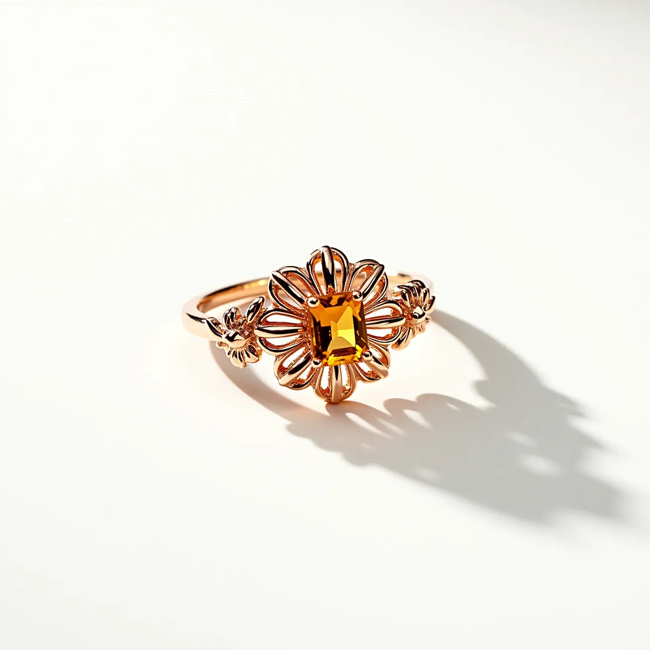 This sunflower ring features an intricate floral design crafted from a warm-toned metal, likely gold or gold-plated. At its center is a rectangular-cut gem with a rich amber hue, possibly citrine or topaz, securely set in a bezel or prong setting that reflects elegance and craftsmanship. The ring has an ornately designed band, with smaller floral motifs that complement the sunflower centerpiece, enhancing its botanical theme. The structure suggests a focus on aesthetic detail, embodying both simplicity and sophistication in its design.