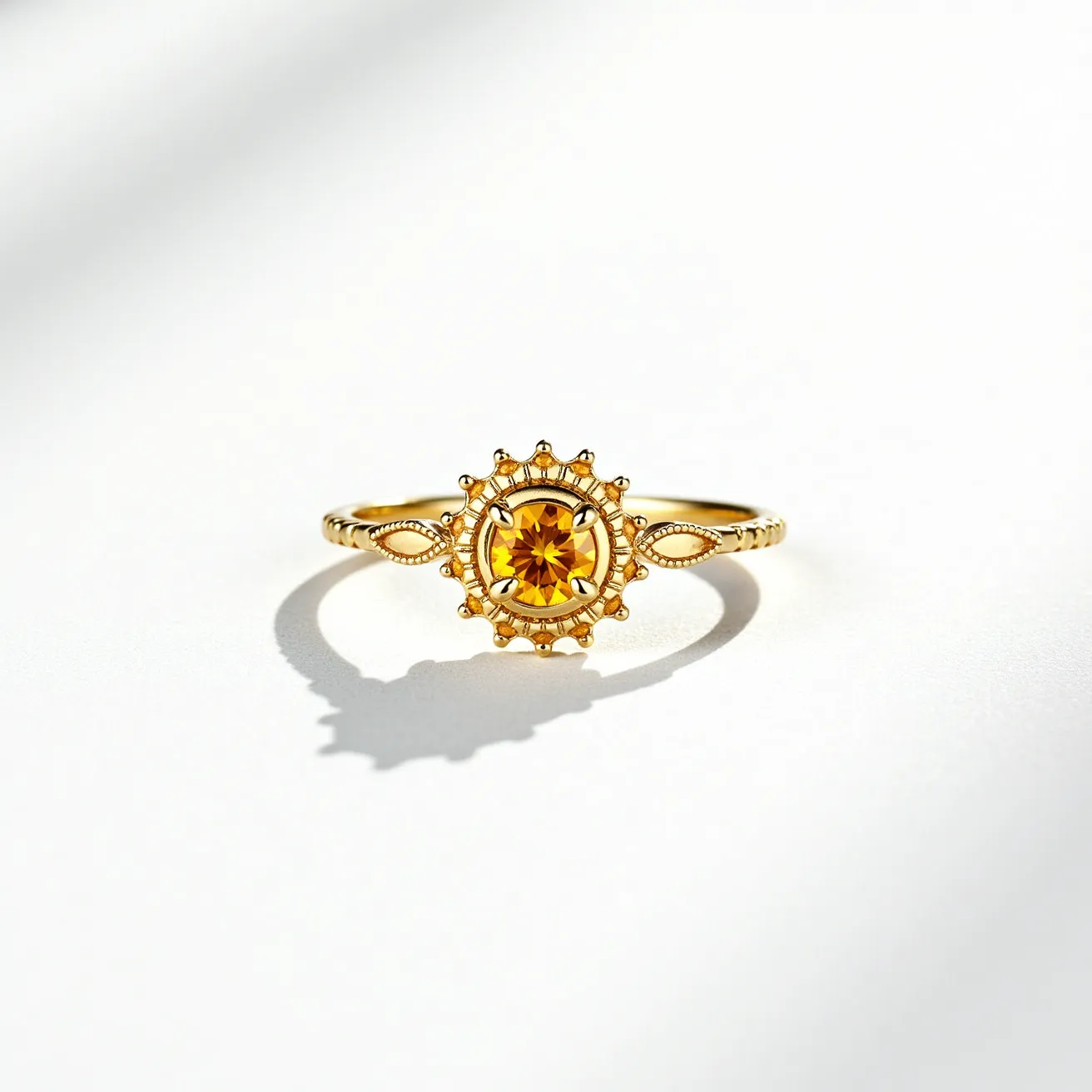 This sunflower ring features a radiant, central yellow gemstone set in a bezel-style setting, resembling the vibrant center of a sunflower. Surrounding the main gem are petal-like accents, intricately crafted to mimic the natural beauty of sunflower petals, and made from a shiny yellow metal, likely gold or a gold-tone metal. The band complements this design, with a delicate texture that adds to its elegance, and small marquise-shaped accents on each side of the central setting, which enhance its floral motif. The overall craftsmanship highlights the attention to detail that captures the essence of a sunflower in full bloom.