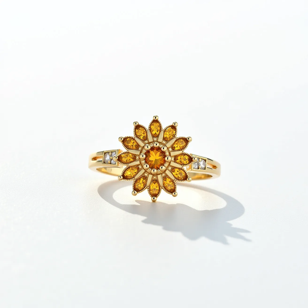 This sunflower ring features a design crafted in gold, with a central yellow gemstone, possibly a citrine or yellow sapphire, cut in a round shape. The gemstone is surrounded by petal-like marquise-cut stones, each set in prongs that resemble sunflower petals, enhancing the floral motif. Additional sparkling clear stones, possibly diamonds or cubic zirconia, are set in a bezel style on either side of the floral design, further emphasizing the brilliance of the central piece. The band is made of gold and holds these elements in a simple yet elegant setting, with no apparent clasp or additional attachment, indicating it's a slip-on style ring.