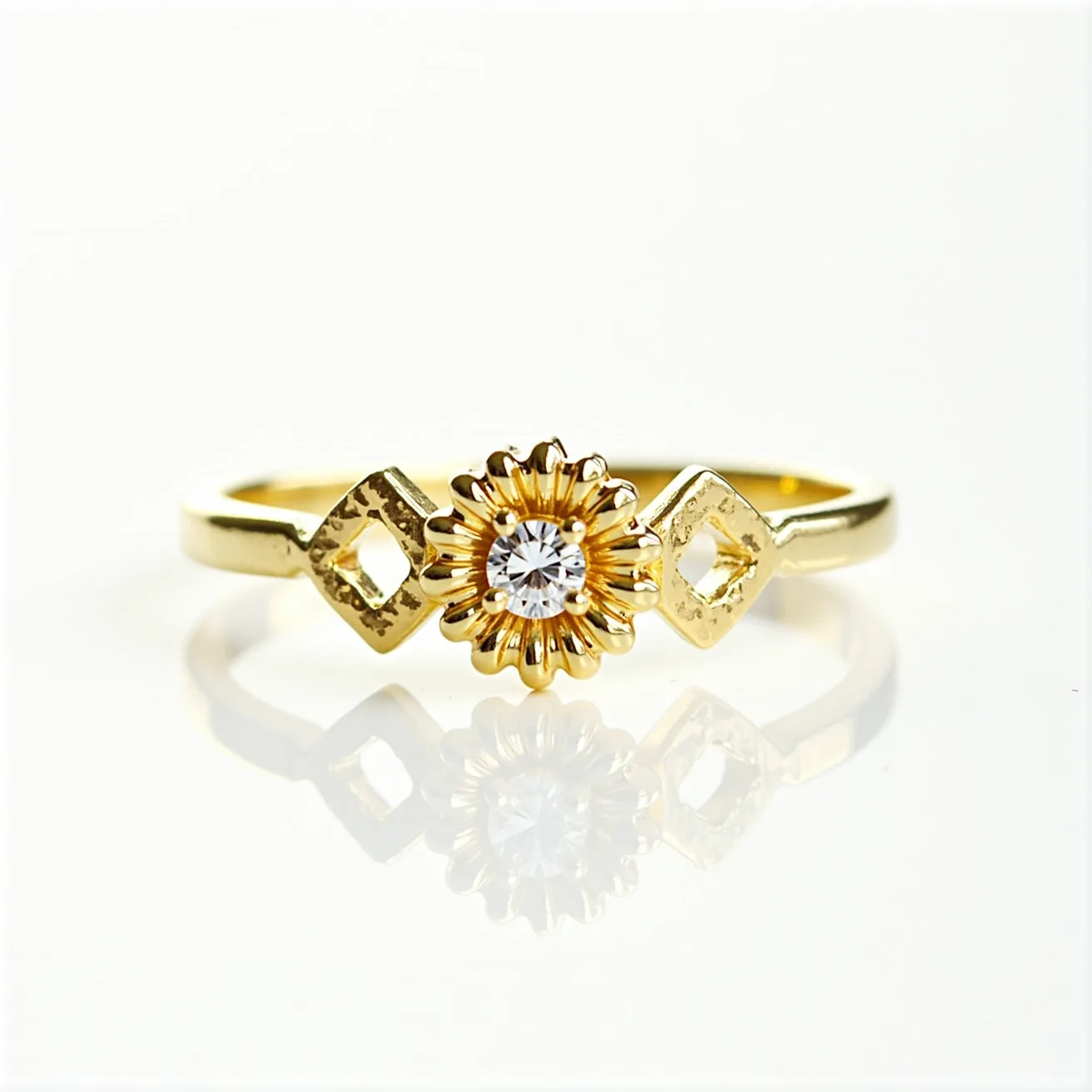 This sunflower ring features a central design reminiscent of a sunflower, crafted from a golden metal, likely gold or gold-plated material. At the heart of the sunflower is a round, brilliant-cut gemstone, possibly a diamond or cubic zirconia, set in a prong setting that enhances its sparkle. Flanking the central sunflower are two geometric diamond-shaped elements, providing an elegant, structured balance to the organic floral motif. The band is sleek and polished, creating a seamless flow around the finger without the presence of additional clasps or attachments.