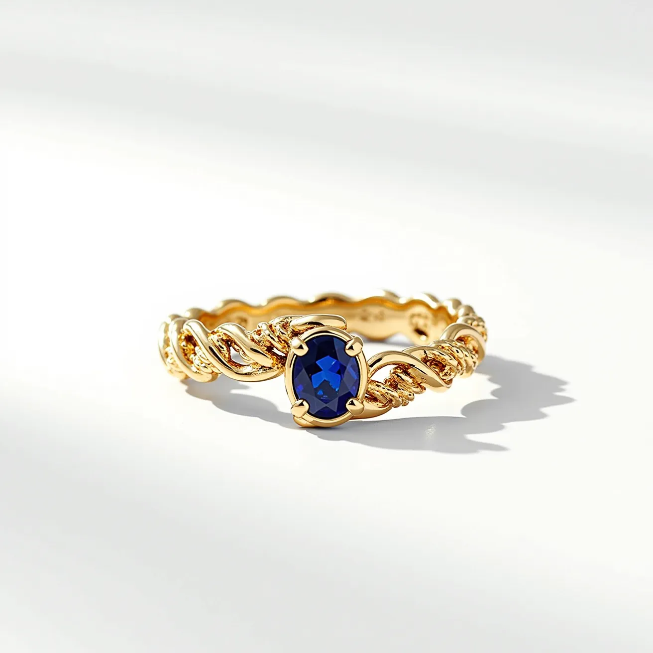 This tangled ring features an intricately twisted band crafted from gold, offering a luxurious and elegant appearance. The centerpiece is an oval-cut blue gemstone, likely a sapphire, held securely in a prong setting that accentuates its deep color and faceted brilliance. The band’s design intertwines delicately around the stone, adding a unique, sophisticated touch to the piece.