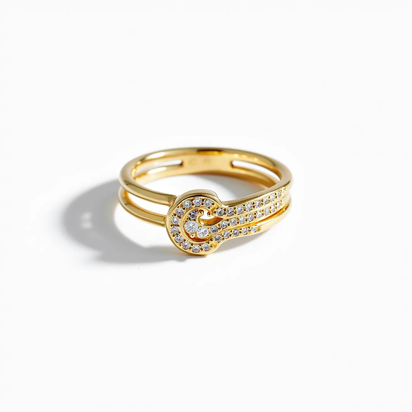 This thumb ring features a sleek gold band with a distinctive split design. The ring is adorned with numerous small, round-cut diamonds set in a pavé style, accentuating its elegance. At the center, a round diamond is prominently set, adding a focal point to the design. The combination of the gold and the sparkling diamonds creates a striking contrast, making it a sophisticated piece of jewelry.