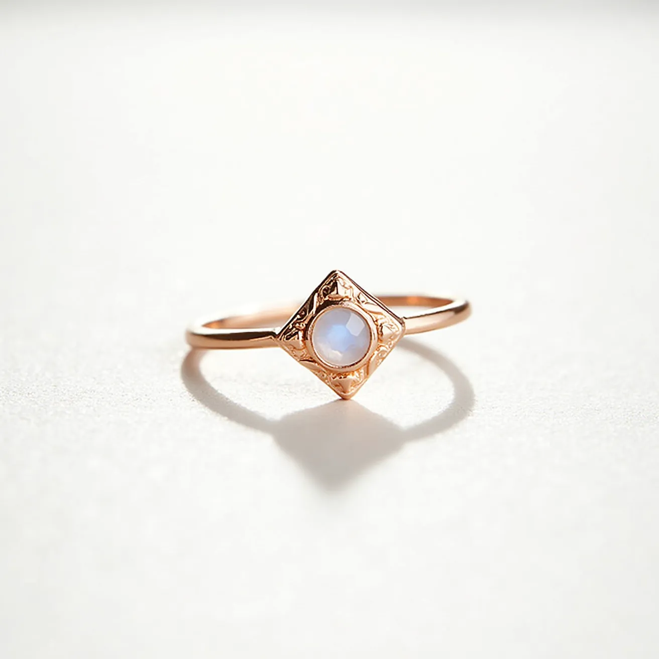 This thumb ring features a delicate gold band and a central gemstone that appears to be a round-cut moonstone, known for its opalescent shimmer. The stone is securely set within an ornate diamond-shaped bezel setting, which is intricately detailed with subtle engravings, adding a touch of elegance and intricacy to the design. The overall craftsmanship of the ring highlights an artistic balance between the minimalist band and the more elaborate setting, making it a stylish statement piece suitable for everyday wear or special occasions.