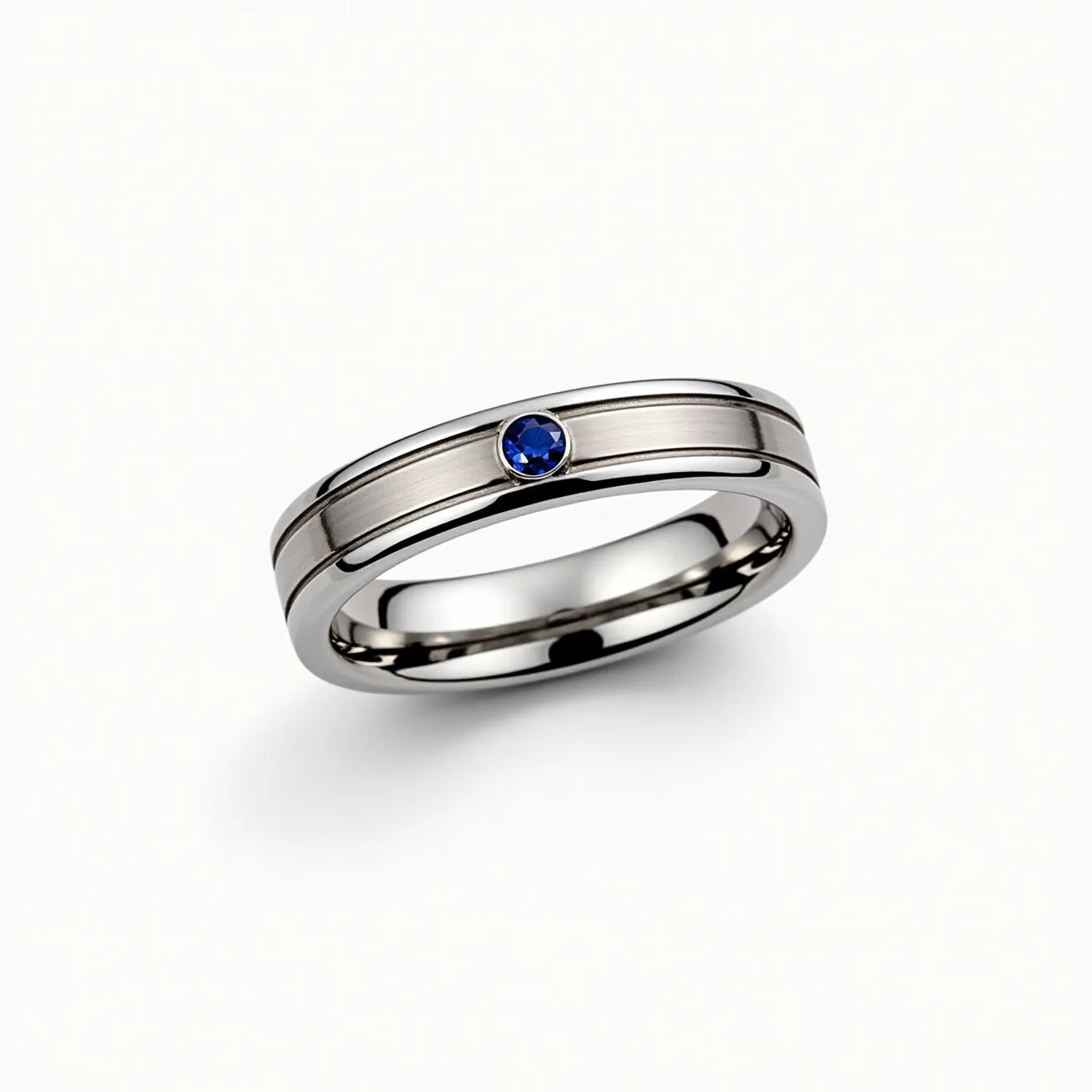 This tungsten ring features a sleek and polished design, with a strong metallic luster that is characteristic of tungsten. It is adorned with a single blue gemstone, likely a sapphire, which is cut in a round shape and set flush into the band, creating a smooth and integrated appearance. The stone is centrally positioned and held securely in place without any visible prongs, suggesting a bezel setting that complements the modern aesthetic of the ring. The combination of the durable tungsten and the deep blue gem creates a striking and elegant piece of jewelry.