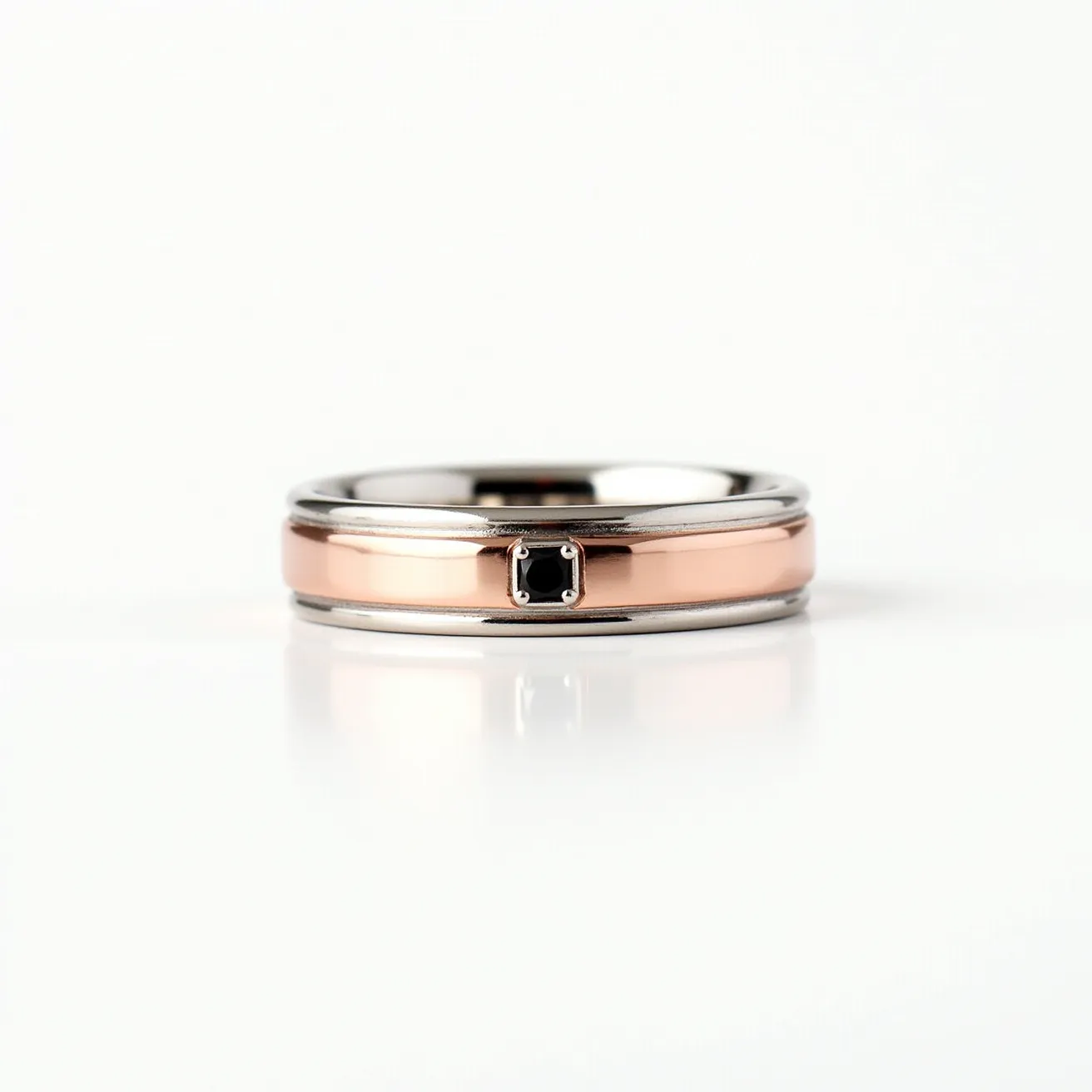 This tungsten ring features a polished dual-tone design, combining a sleek silver base with a copper-toned inlay. At its center, the ring is adorned with a single black stone, precisely cut and set in a bezel-like setting, adding a touch of elegance. The stone is square in shape, securely held in place by the setting, and seamlessly integrated into the band for a smooth and refined appearance. No clasps or additional attachments are present, ensuring a continuous, uninterrupted band design that highlights the ring’s contemporary aesthetic.