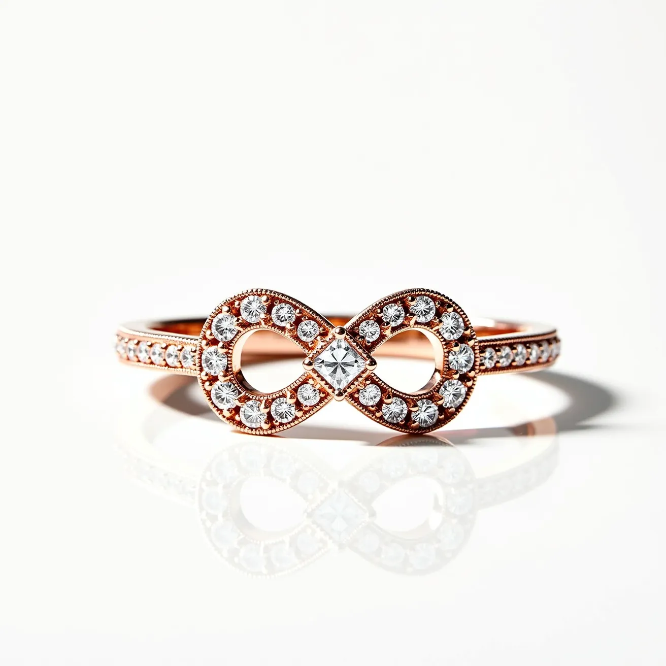 This two birthstone ring features a beautifully crafted infinity design, set in what appears to be rose gold. The ring showcases two prominent gems at the center, each cut into a small, brilliant shape, which are likely diamonds or a similar stone. Surrounding these central stones are smaller, round-cut gems intricately embedded along the infinity loop, enhancing the ring’s elegance. Additionally, smaller stones line the band, adding further sparkle and visual interest to the overall design. The setting of the gems appears meticulous, with each stone securely set, complementing the graceful curves of the ring.