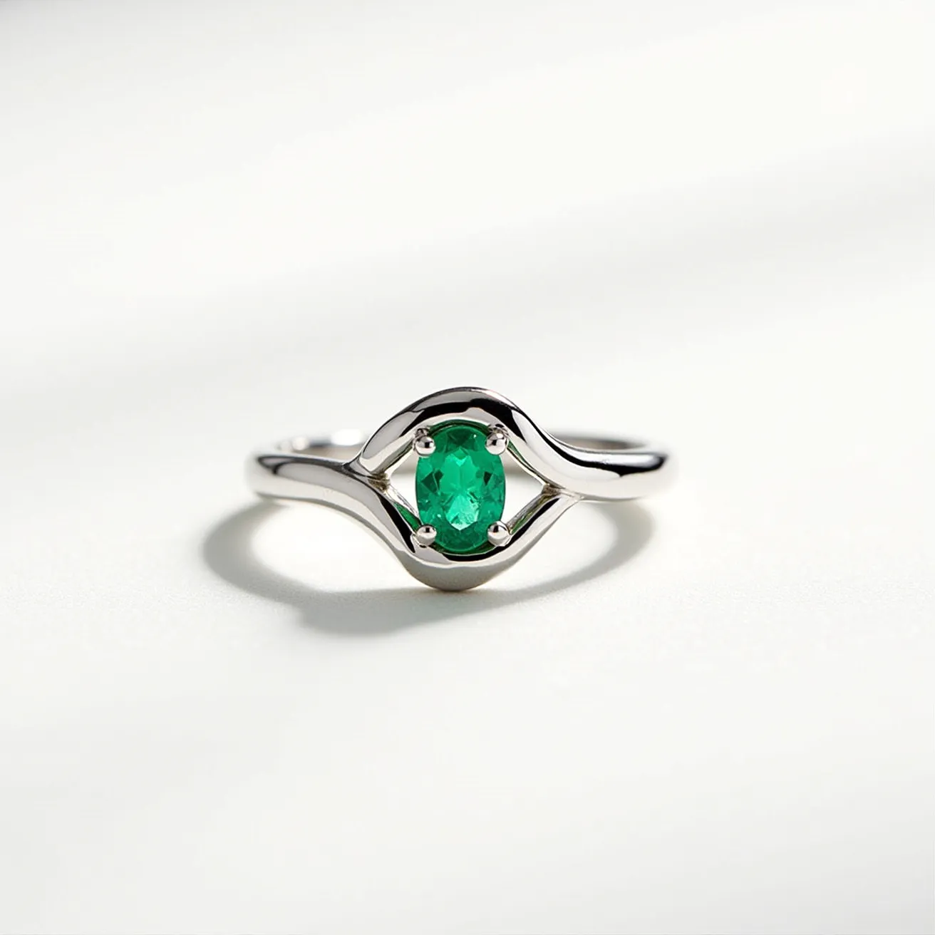 This two birthstone ring features a sleek silver band that curves gracefully around a vibrant, oval-shaped emerald as the central gem. The emerald is secured by a quartet of prongs, which elegantly hold it in place, allowing its natural beauty to radiate. The band’s polished finish beautifully complements the gem’s rich green hue, creating a harmonious and elegant design. The ring’s simplicity and elegance are enhanced by its streamlined structure, emphasizing the stunning emerald centerpiece.