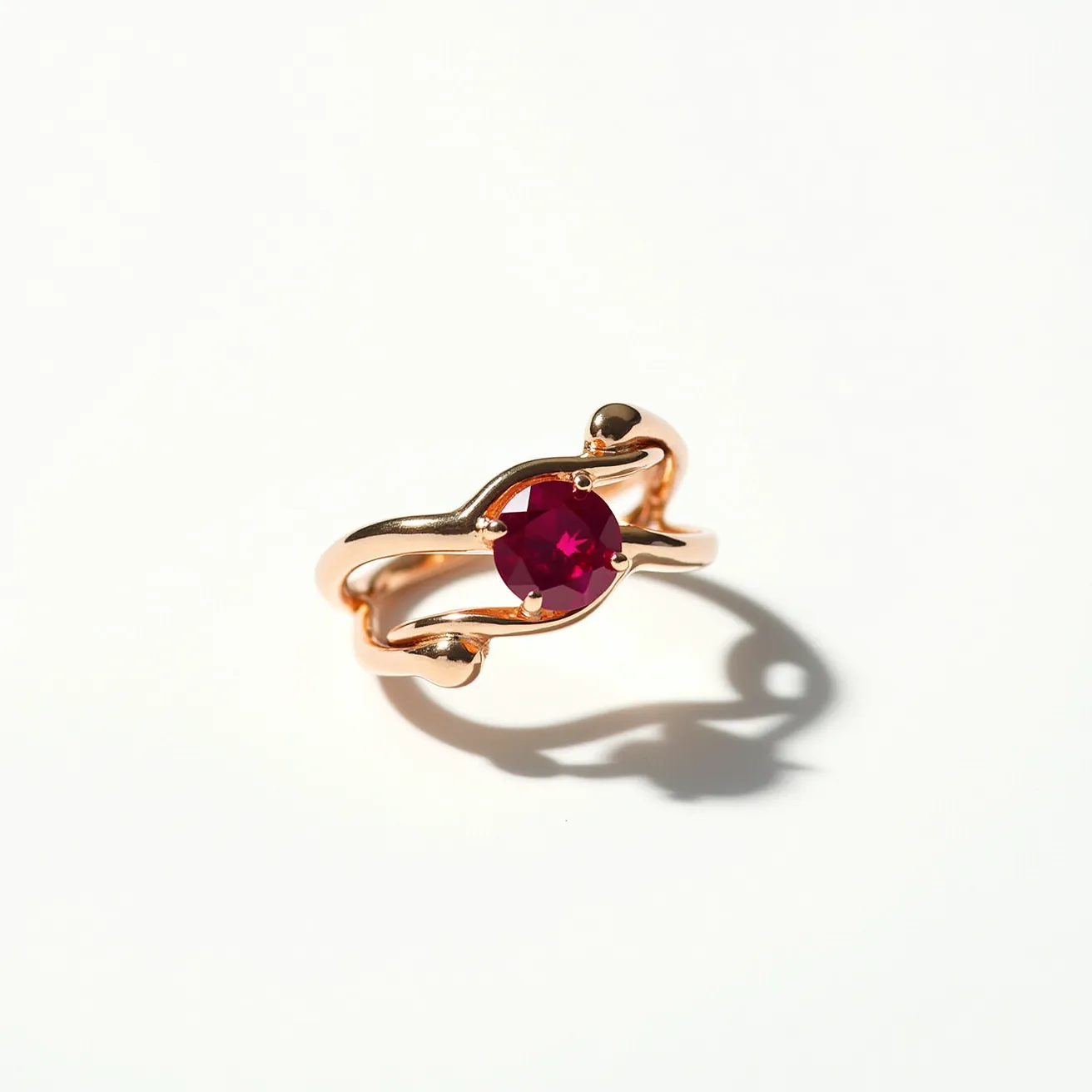 This two birthstone ring is crafted from a shiny metal, likely gold, featuring a vibrant round-cut red gemstone at its center, which could be a ruby or similar. The ring’s band is designed with fluid, wave-like curves that gently embrace the stone, creating a modern and elegant setting without additional clasps or attachments. The open design of the band adds a touch of sophistication, accentuating the central stone’s brilliance.