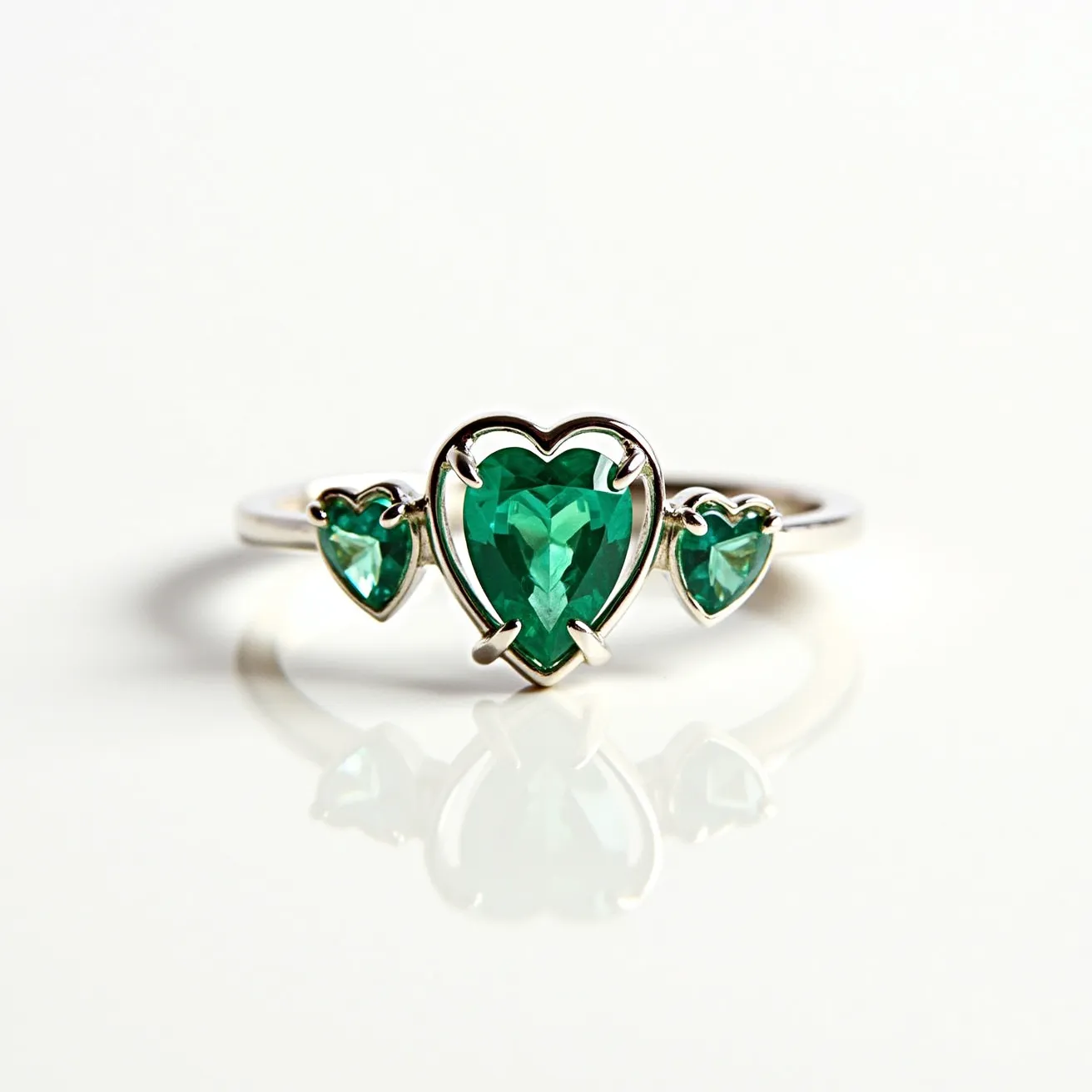 This two birthstone ring showcases a delicate and elegant design featuring three heart-shaped green stones. The central stone is larger, flanked by two smaller stones on each side, all set in a sleek metal band, likely sterling silver or white gold, which enhances the vibrant green hue of the gems. The stones are held securely in place by prongs, allowing them to sparkle prominently. The heart-shaped cut of the stones adds a romantic touch to the ring's overall appearance.