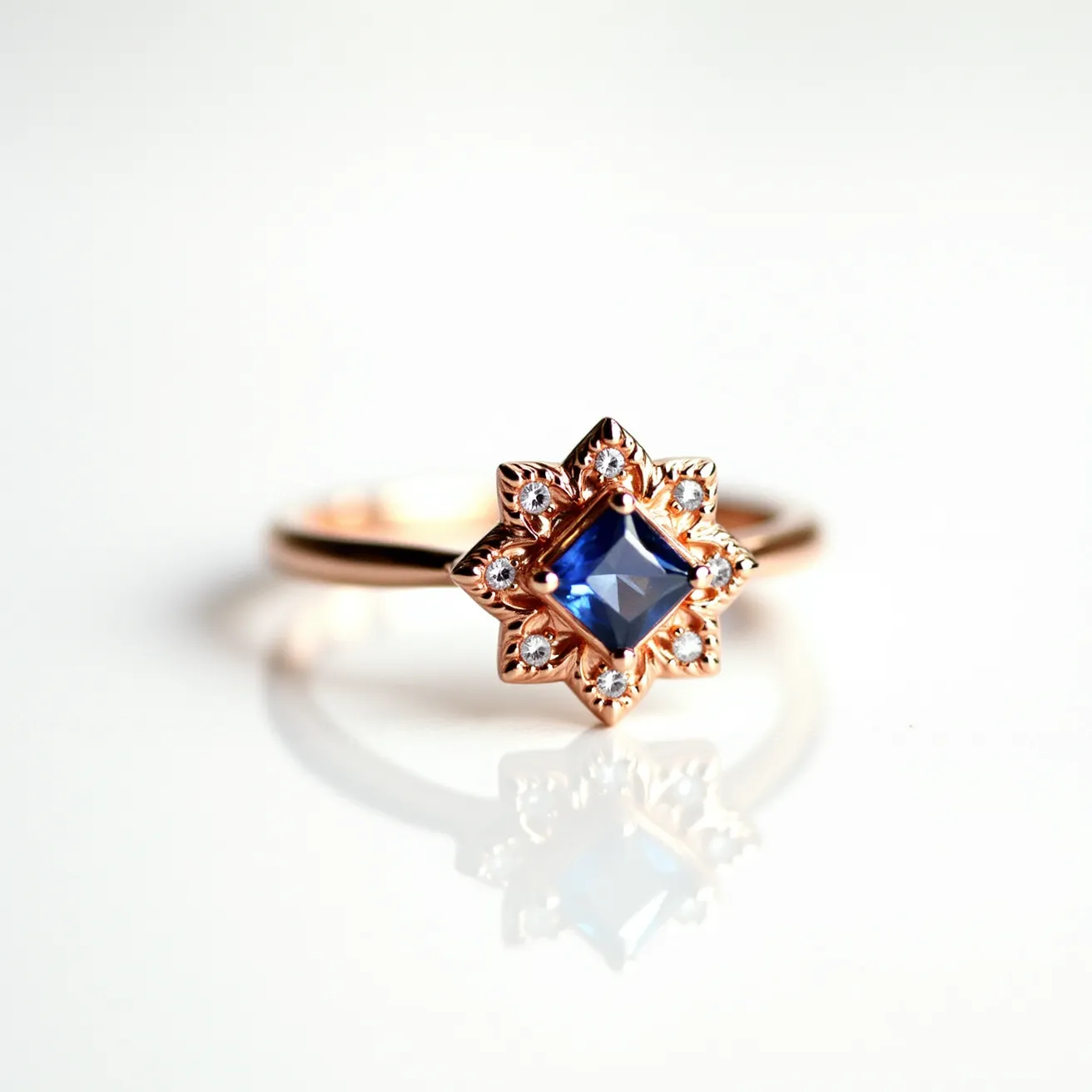 This two birthstone ring features a striking design with a central, square-cut blue sapphire set in a star-shaped rose gold setting. Surrounding the sapphire are smaller diamonds, each meticulously placed to enhance the central gem, adding brilliance and elegance. The band is crafted from polished rose gold, which complements the vibrant colors of the stones beautifully. The intricate setting holds the stones securely, showcasing a blend of modern sophistication and timeless beauty.