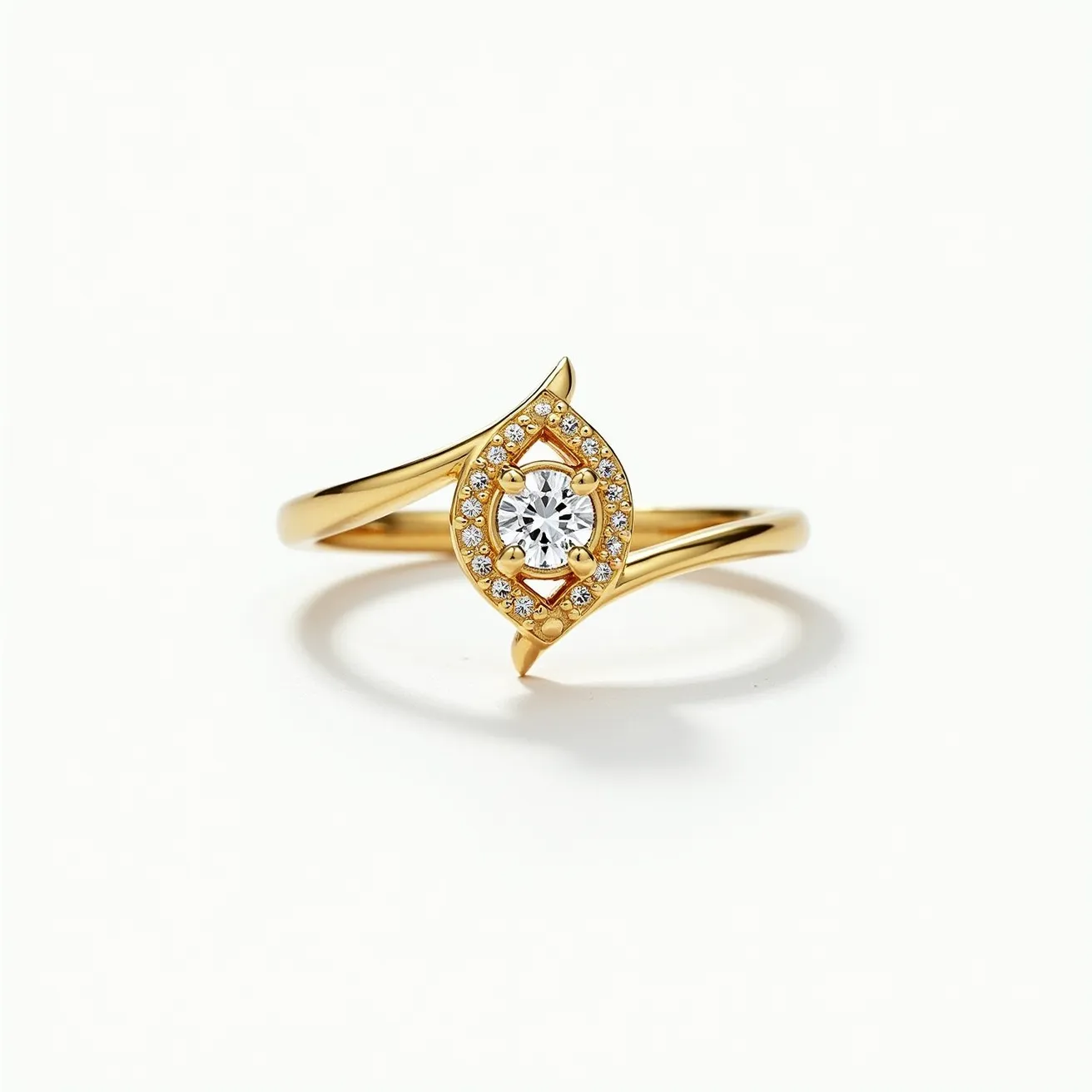 This two birthstone ring features a sophisticated design crafted in a polished gold band. At its center, a round-cut gemstone is prominently set, encircled by a halo of smaller pavé-set diamonds, adding a brilliant sparkle that highlights the central stone. The ring's band elegantly splits, creating a modern bypass style that enhances its visual appeal. This ring embodies both elegance and contemporary style, perfect for commemorating significant life events with personal meaning.