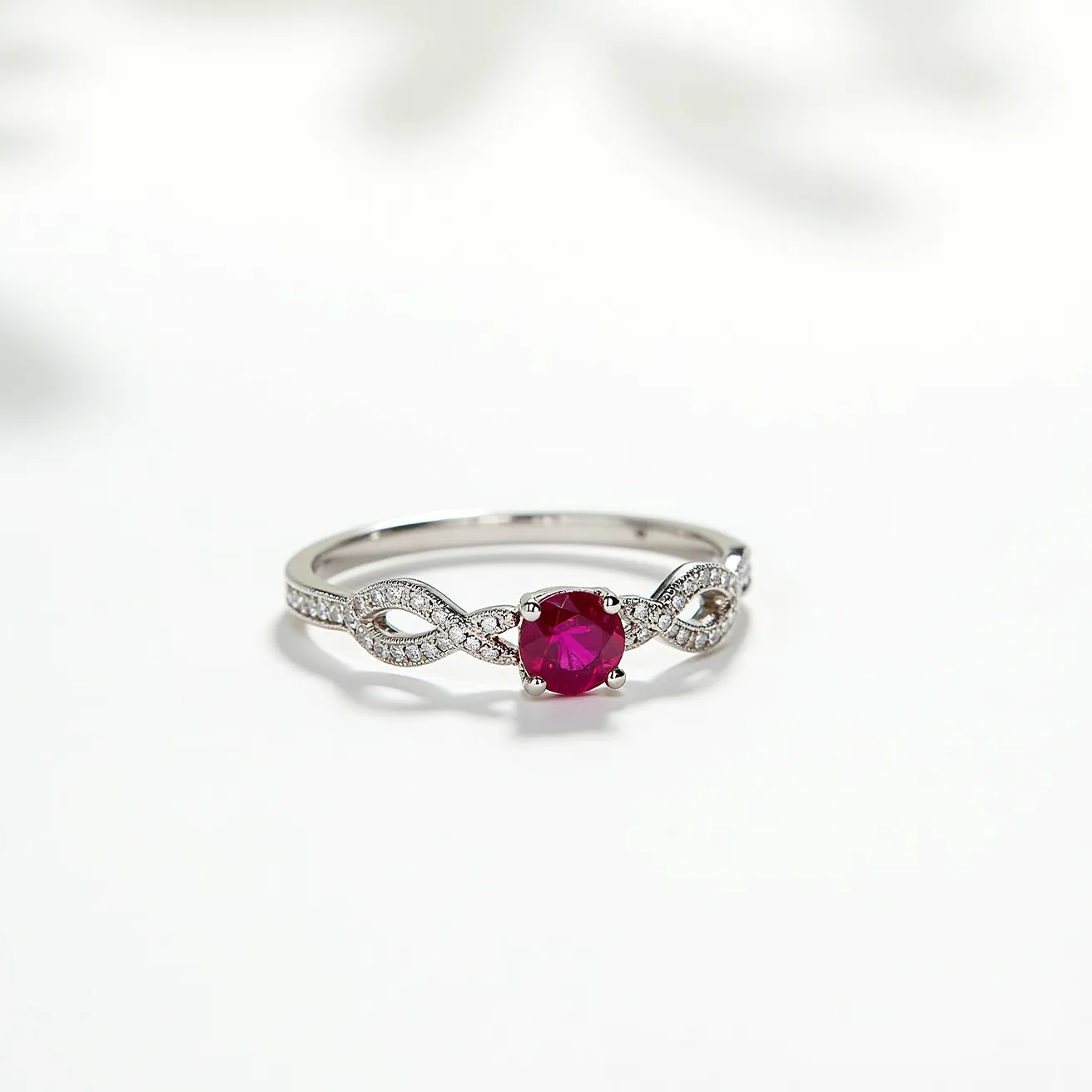 This vine engagement ring features a round-cut ruby as its central gem, held securely in a four-prong setting. The band is crafted from a polished metal, possibly white gold or platinum, and showcases an elegant vine motif adorned with small, round-cut diamonds that are pavé set along the intertwining vines. These details give the ring a delicate and sophisticated appearance, perfect for significant occasions.