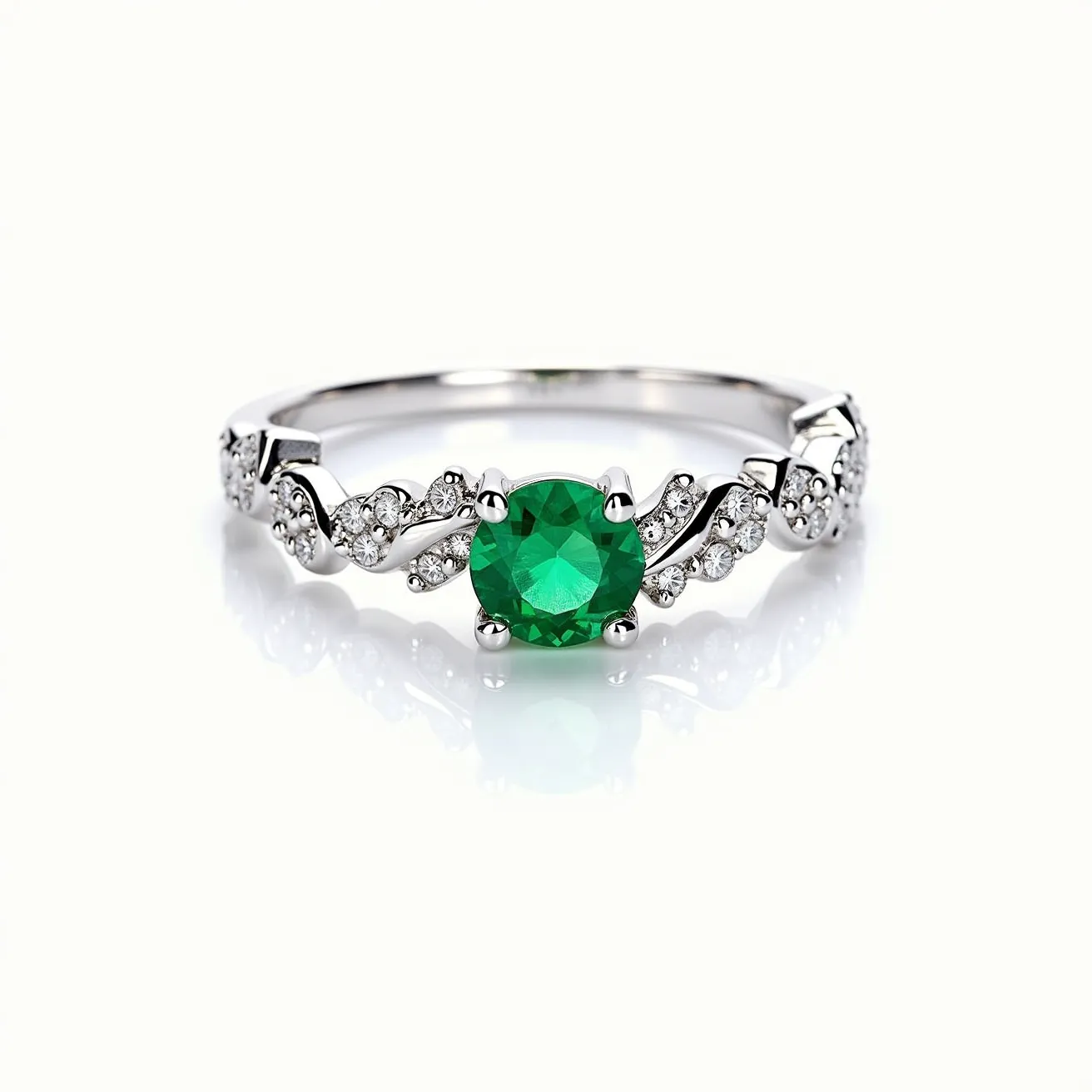 This vine engagement ring features a stunning combination of materials and intricate design elements. The central focus is a vibrant green round-cut gemstone, likely an emerald, set prominently in a classic four-prong setting. Surrounding the center stone is an elegant vine motif adorned with small round diamonds or diamond-like stones embedded along the winding metal band, which appears to be crafted from a white gold or platinum, giving it a lustrous finish. The detailed metalwork and precious stones create a harmonious blend of elegance and nature-inspired artistry.