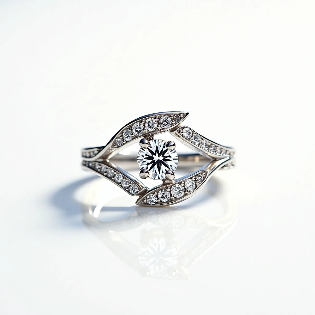 This vine engagement ring features a sophisticated design with intertwining vine motifs encrusted with small round diamonds, lending it an elegant and organic aesthetic. The central gem is a round brilliant-cut diamond, held securely in a four-prong setting, which enhances its brilliance and sparkle. The band is crafted from a lustrous metal, likely white gold or platinum, giving the ring a polished and refined look. This arrangement creates a stunning interplay of light and elegance, making it a beautiful symbol of love and commitment.