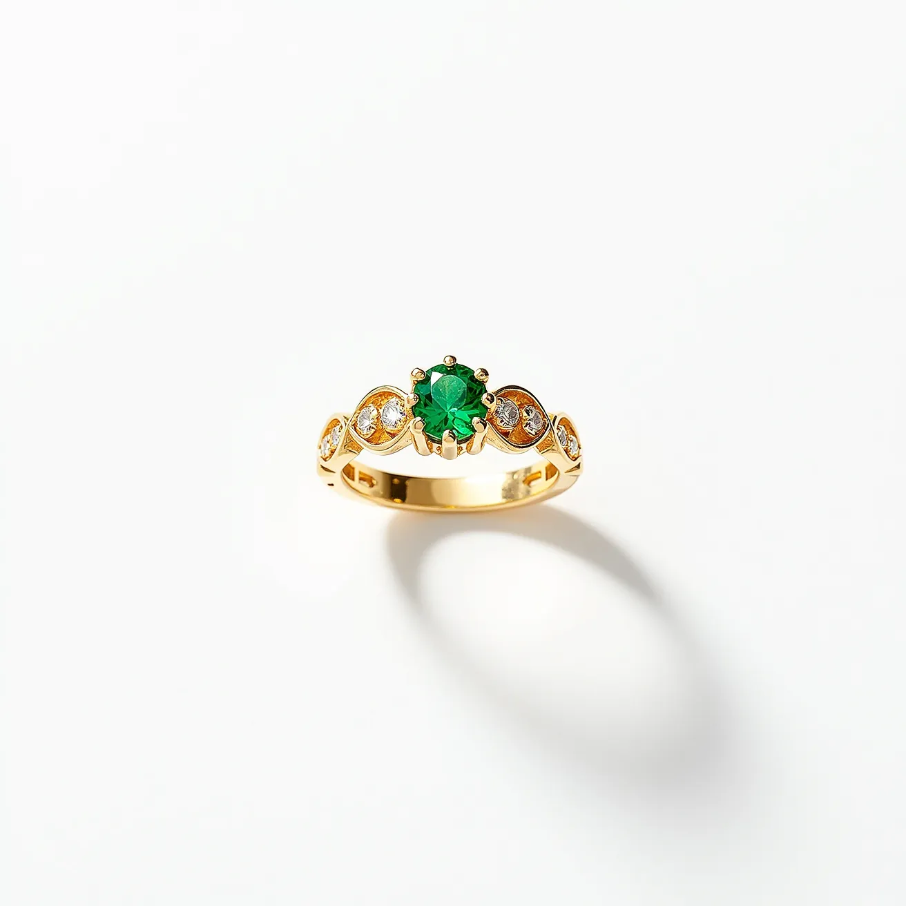 This wedding band is crafted from yellow gold and features a vibrant green gemstone as its centerpiece, encased in a prong setting. The central stone is a round-cut gem, likely an emerald, which is complemented by additional smaller round diamonds set intricately along the band on either side, enhancing its elegance and sparkle. The combination of the rich gold and the vivid gemstones creates a striking and classic look. The band appears seamless, without any visible clasp or attachment, offering a timeless and sophisticated appearance.