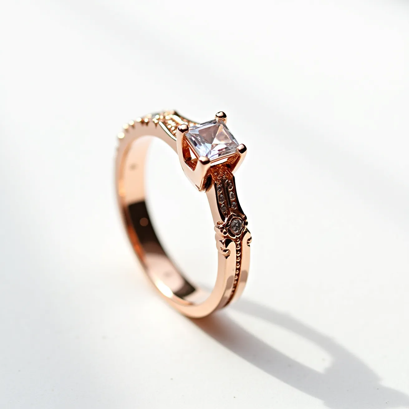 This wedding band is crafted from a rose gold material, providing a warm and elegant hue. It prominently features a square-cut gem, likely a diamond or cubic zirconia, placed in a sophisticated four-prong setting that enhances its brilliance. The band is adorned with intricate detailing that includes small side stones nestled within decorative metalwork, adding a touch of vintage charm. The side stones are set in a delicate channel that complements the central gem, showcasing meticulous craftsmanship.