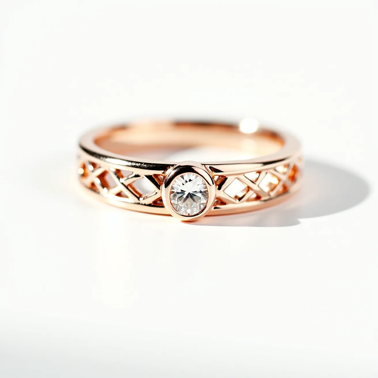 This wedding ring features a rose gold band with an intricate lattice design, creating an elegant and openwork effect. At its center, the ring is set with a round brilliant-cut diamond, held securely in a bezel setting, which enhances the stone's sparkle while offering protection. The combination of the rose gold and the diamond creates a classic yet modern aesthetic, making it suitable for those who appreciate both tradition and contemporary style. The craftsmanship highlights attention to detail, and the choice of materials emphasizes quality and luxury.