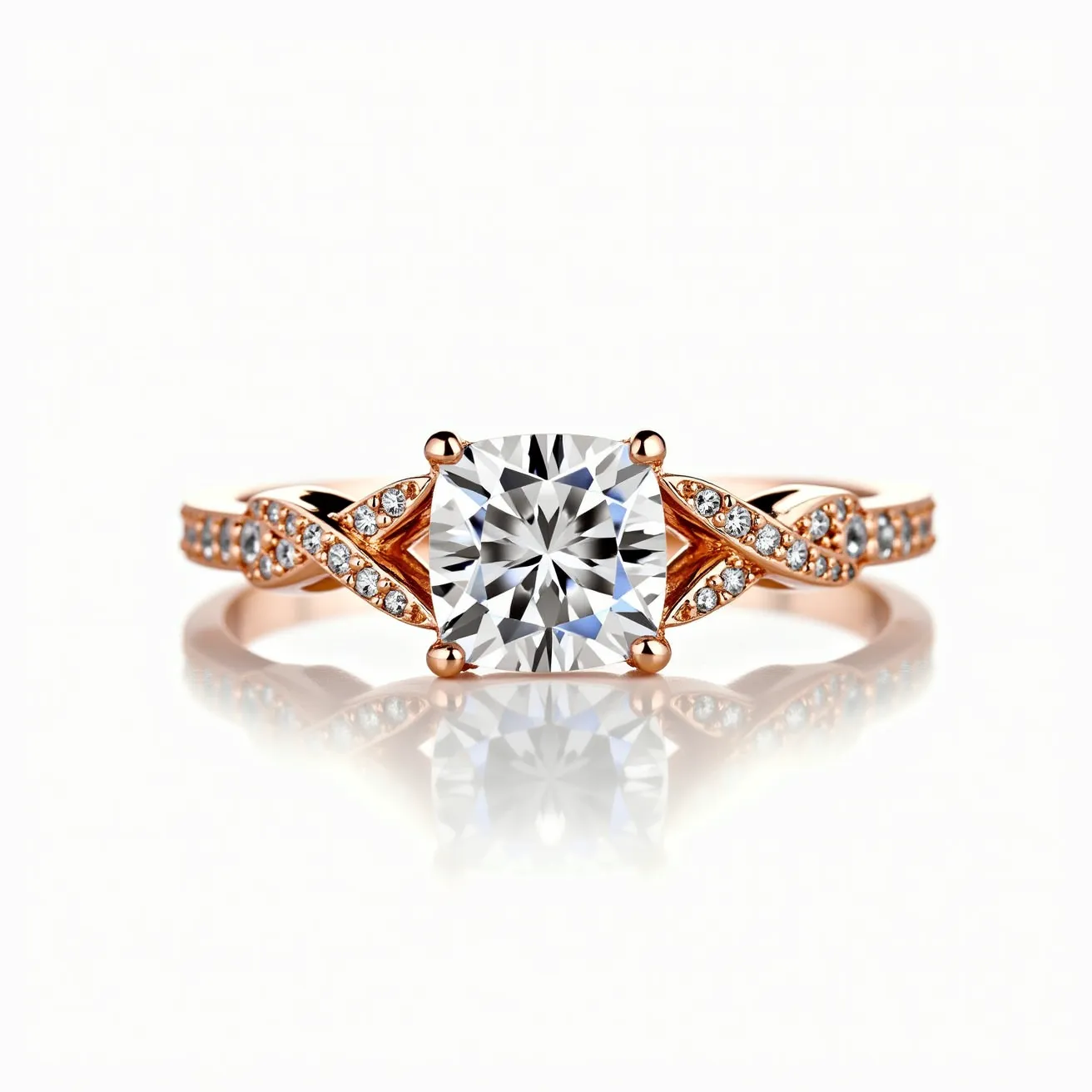 This wedding ring features a rose gold band intricately designed with a twisted pattern, which is adorned with small round-cut diamonds that add sparkle and elegance. At the center, a prominent cushion-cut diamond is set in a classic four-prong setting, highlighting its brilliance and symmetry. The contrast between the rose gold and the shimmering diamonds enhances the ring's aesthetic appeal, making it both modern and timeless. The absence of a clasp or additional attachments emphasizes its simplicity and sophistication.