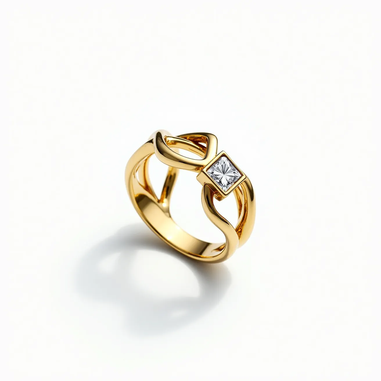 This wedding ring features a beautifully crafted gold band with an elegant, intertwined design that resembles flowing loops. At its center, it showcases a brilliant square-cut gemstone, likely a diamond, set securely within a bezel setting that complements the ring's sophisticated style. The absence of additional clasps or attachments emphasizes the seamless continuity of the design, enhancing its modern and timeless appeal.