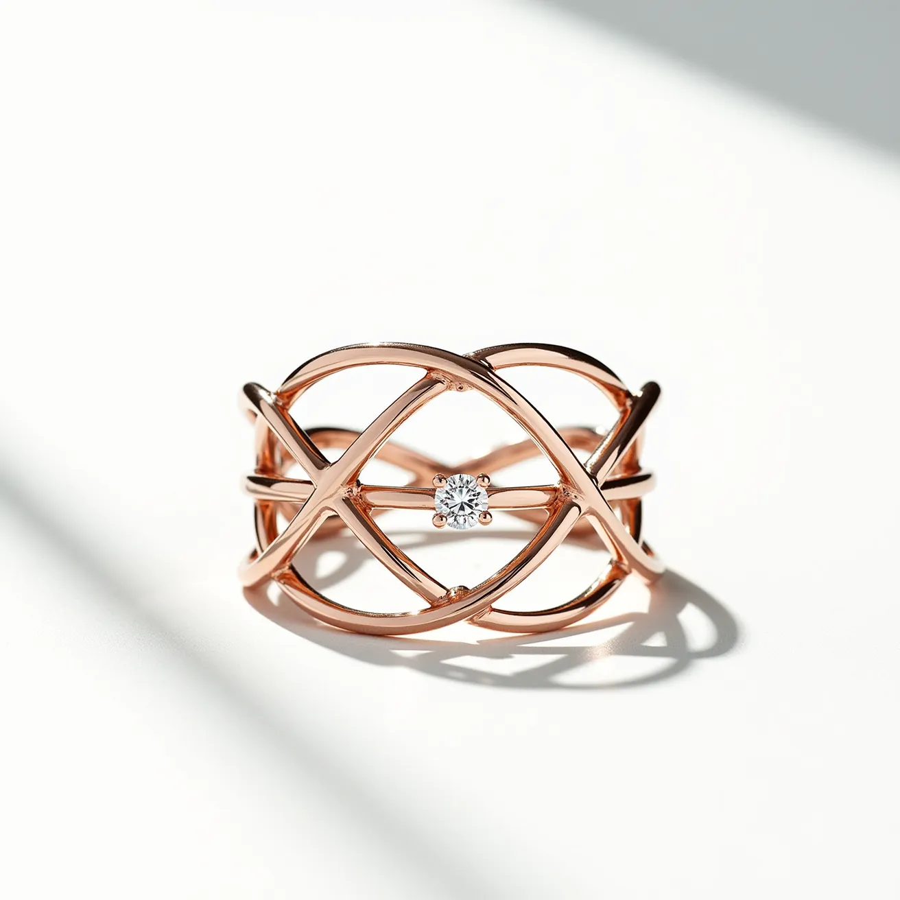 This wedding ring features an intricate lattice design crafted from rose gold, enhancing its elegant and modern appearance. At the center, a round brilliant-cut diamond is set, adding a touch of sparkle and sophistication. The diamond is securely held in place by four prongs, showcasing its clarity and brilliance. The band has a unique, open structure that creates a visually striking pattern, offering both style and comfort to the wearer.