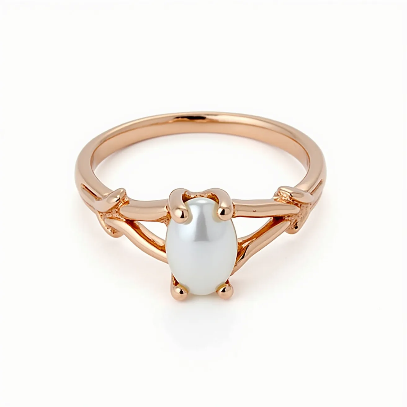 This wedding ring features a warm rose gold band that elegantly frames a central white pearl. The pearl is set in a charming four-prong setting, which secures it in place while allowing its lustrous surface to be prominently displayed. The band is subtly embellished with delicate design details, adding a touch of sophistication to the overall look. The combination of the rose gold and the pearl creates a classic and romantic aesthetic.