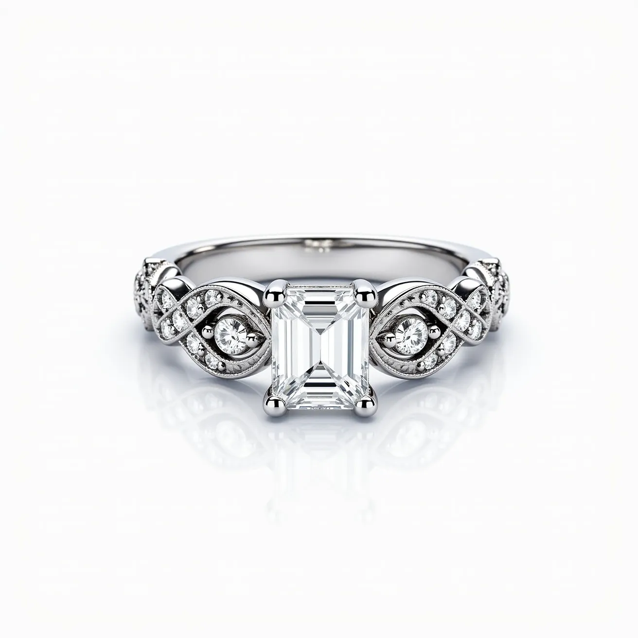 This wedding ring features a beautifully crafted band made of a reflective, likely white gold or platinum material. It showcases an emerald-cut diamond at its center, held securely in a four-prong setting. Flanking the central diamond, the band is adorned with intricate infinity designs, each embellished with smaller round-cut diamonds set in pavé style, adding a brilliant sparkle. The overall design is both elegant and sophisticated, with the central diamond serving as the focal point, complemented by the intricate detailing on the band.