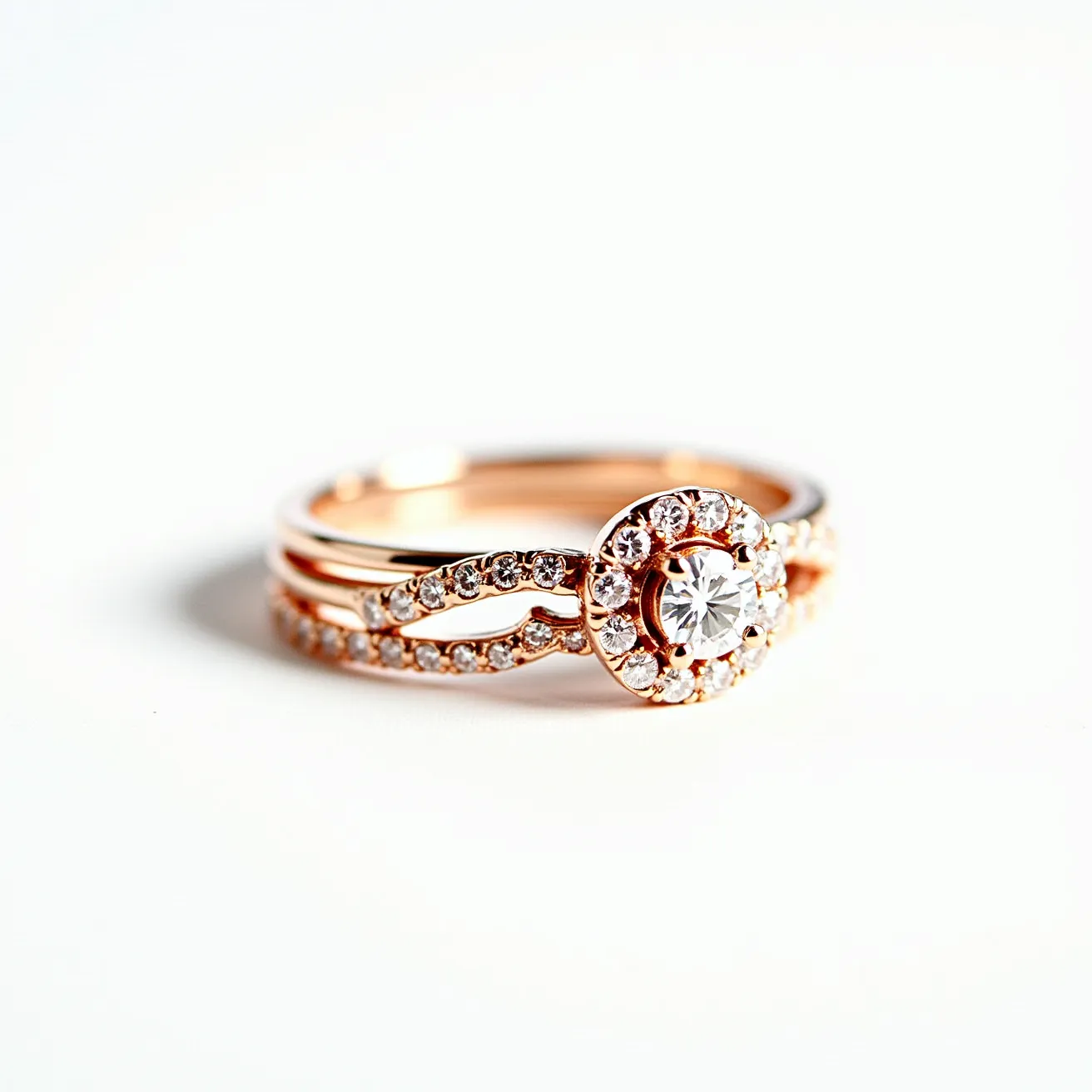 These wedding ring sets feature a luxurious design crafted from rose gold. The set is adorned with dazzling white diamonds, prominently displaying a large round-cut diamond at the center. This primary diamond is elegantly set in a halo setting, surrounded by smaller round-cut diamonds that enhance its brilliance. The bands themselves are intricately embellished with an additional row of diamonds, adding further sparkle. The rings showcase meticulous craftsmanship and a cohesive, elegant design, perfect for a timeless symbol of love.