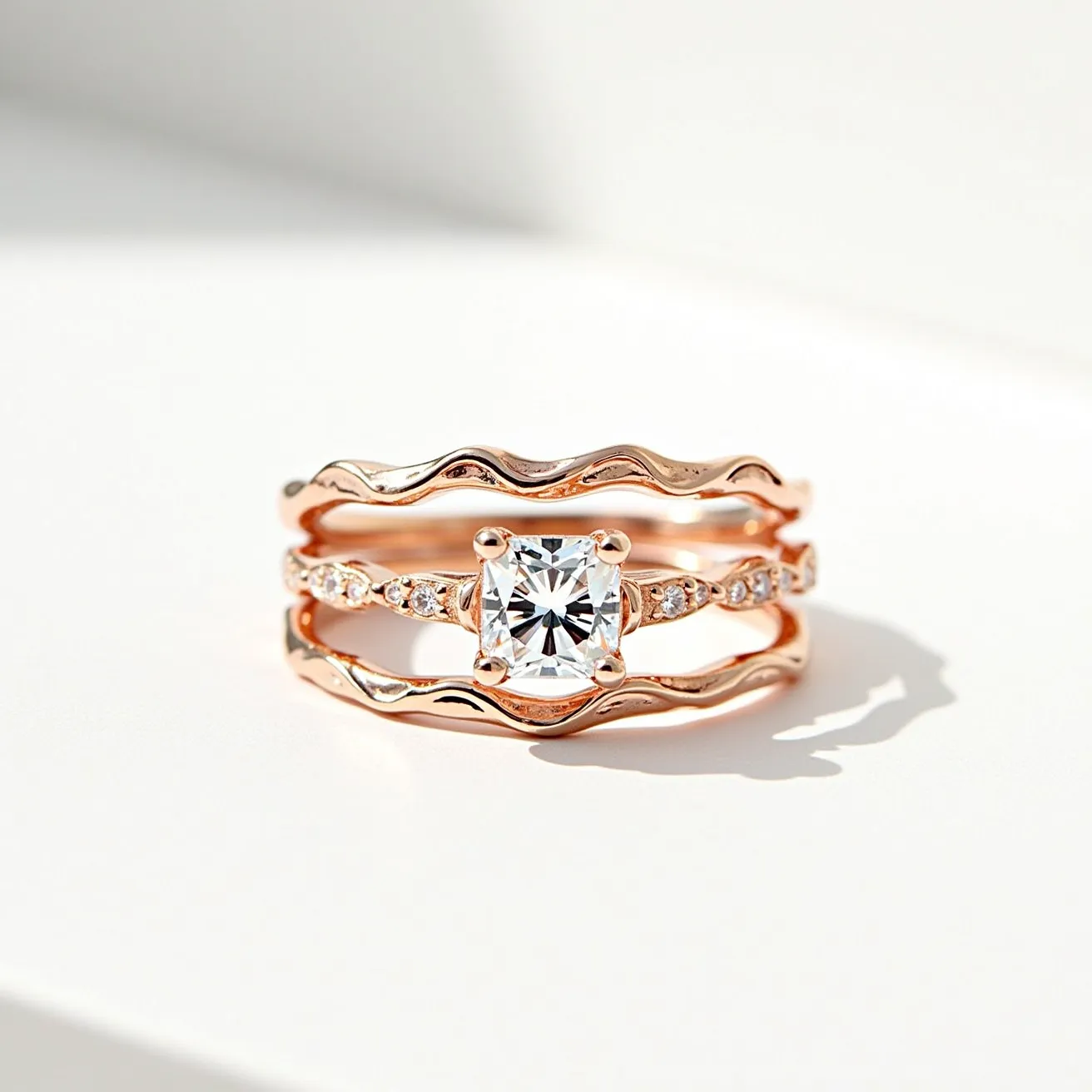 This wedding ring set features a central ring crafted from a lustrous rose gold material, composed of fluid, wave-like bands. The set is adorned with a prominent square-cut gemstone at its center, held secure in a classic prong setting that accentuates its brilliance. Accompanying the main gem, small round-cut stones are set into the band, adding a subtle sparkle and enhancing the luxurious feel of the set. The elegant design and meticulous craftsmanship offer a harmonious blend of modern aesthetics and timeless elegance.