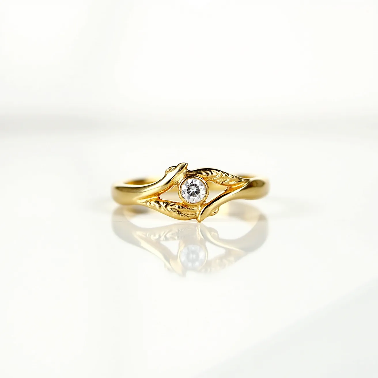 This unique wedding ring is crafted from gold, featuring an elegantly detailed design that resembles hands or leaves clasping around a central gemstone. The gem appears to be a round-cut diamond, securely set in a bezel setting, which provides both a modern and timeless appeal. The intricate design of the band enhances its unique character, creating a balance between the artistic elements and classic elegance.