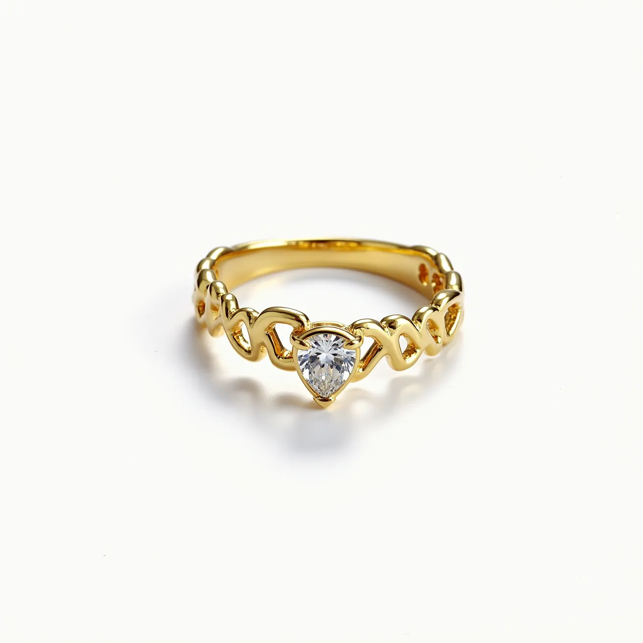 This unique wedding ring features a distinctive design crafted from high-quality yellow gold, exhibiting a delicate and intricate pattern. The central gem is a pear-shaped diamond, which is prominently set in a prong setting that elevates and secures the stone, allowing maximum light to enhance its brilliance. The band itself is elegantly designed with a series of interlocking loops, adding a touch of sophistication and creativity to the piece. There is no visible clasp or attachment, offering a continuous and seamless appearance.