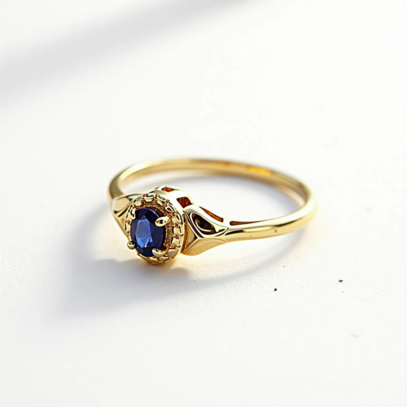 This unique wedding ring features a beautiful gold band, meticulously crafted to complement its central gem. At the heart of the design lies an oval-cut blue sapphire, which is elegantly set in a vintage-inspired prong setting. The prongs are stylized to enhance the regal appearance of the sapphire, adding a touch of classic sophistication. Detailed engravings on the band accentuate the ring's intricate design, providing a harmonious balance between elegance and tradition.