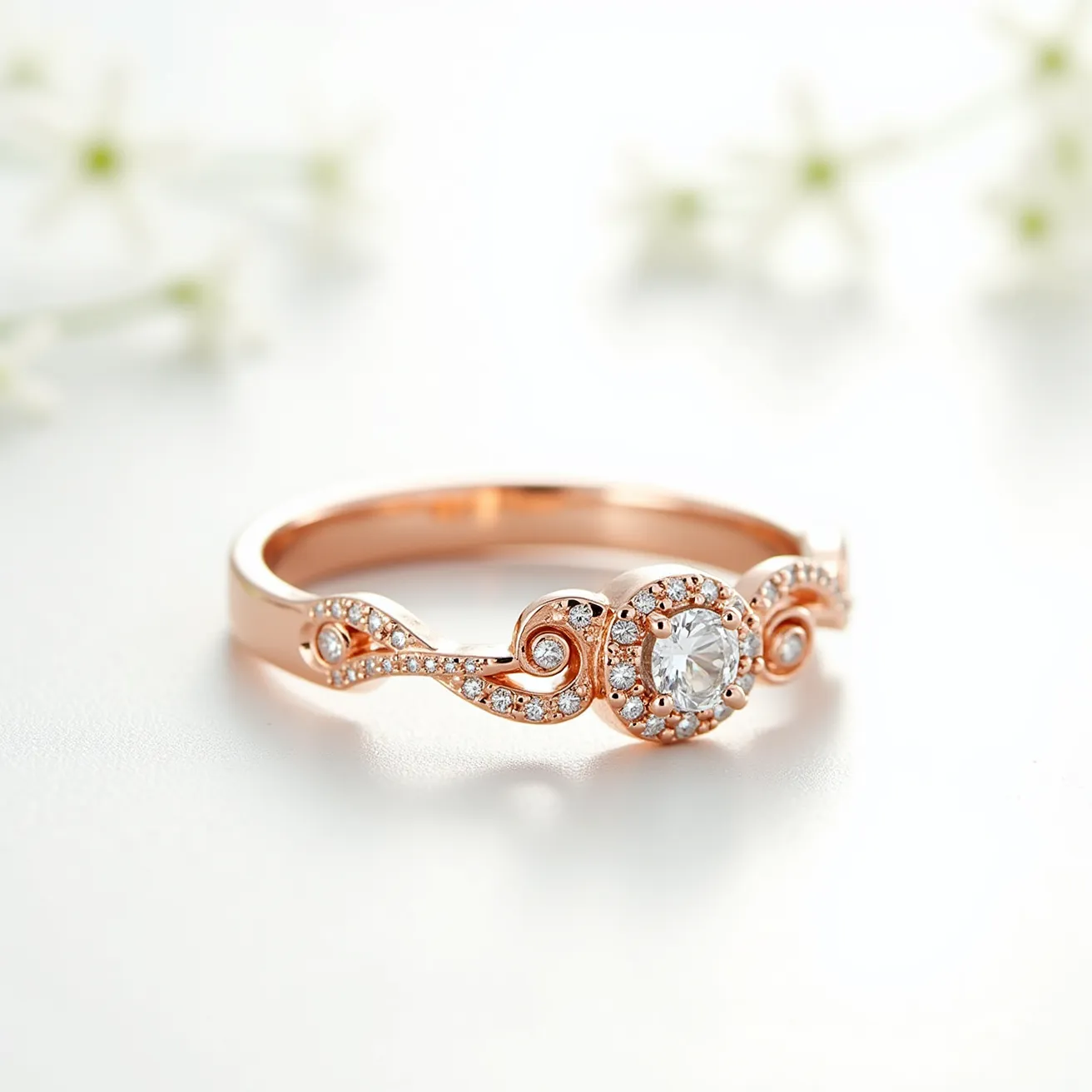 This unique wedding ring features an elegant rose gold band intricately designed with flowing, vine-like patterns. The centerpiece is a round-cut diamond set in a halo setting, surrounded by smaller diamonds that enhance its brilliance. The swirling design extends along the band, adorned with additional small diamonds that add to the ring's sparkle and sophistication. The meticulous craftsmanship and combination of materials create a timeless piece that embodies elegance and beauty.