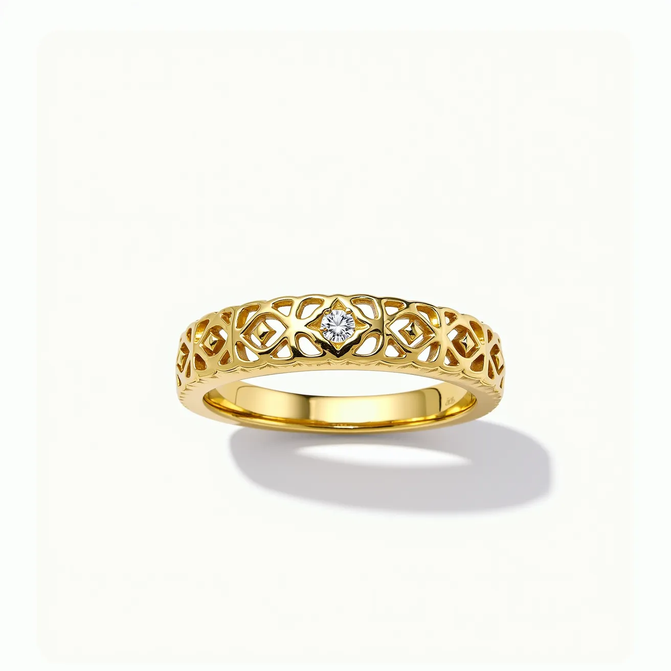 This western wedding ring features a band crafted from polished gold, showcasing an intricate cut-out pattern that adds elegance and detail to its design. At the center of the band sits a single, round-cut diamond, securely held in place by a prong setting, which allows the gemstone to catch and reflect light brilliantly. The gold band’s ornate latticework complements the diamond, enhancing the ring’s overall beauty and allure. This piece exemplifies a harmonious blend of classic materials and modern design elements, making it a timeless symbol of love and commitment.