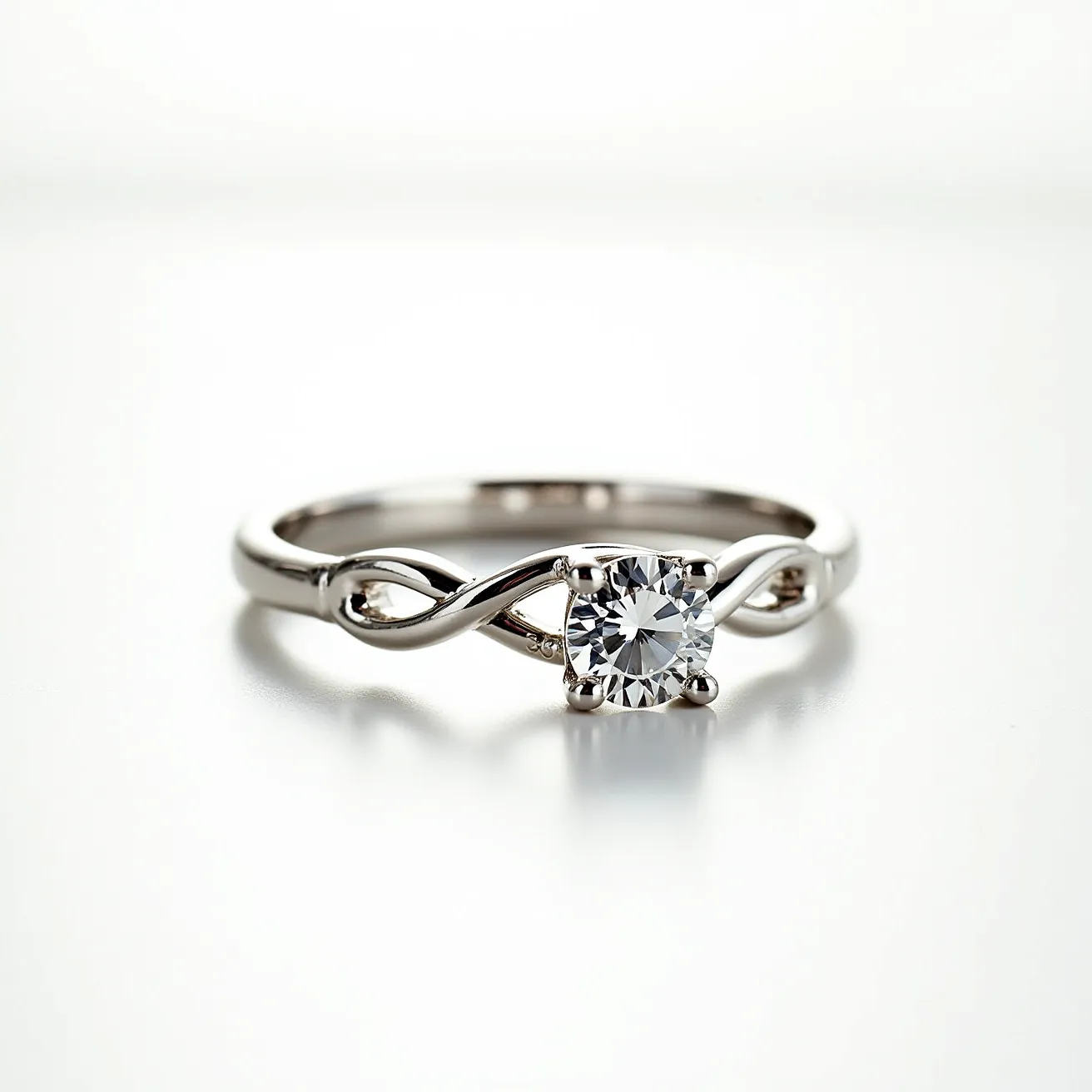 This western wedding ring features a sleek band crafted from a polished metal, likely platinum or white gold, that gracefully twists into an infinity symbol design. At its center is a brilliant round-cut diamond, set in a secure four-prong setting that enhances the stone's radiance and showcases its clarity. The infinity motif on the band adds a symbolic touch of everlasting love to the ring's overall elegance.