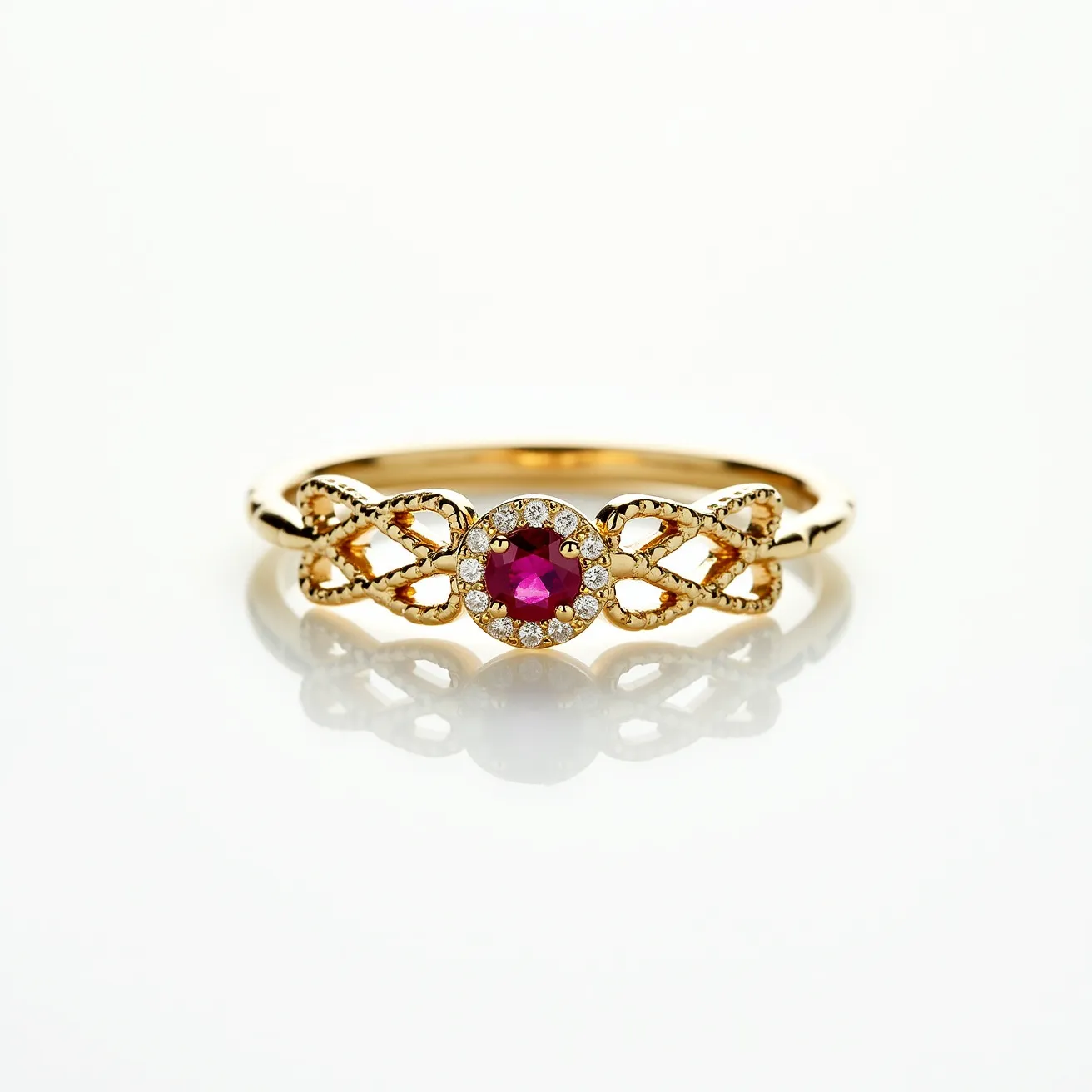 This western wedding ring features a delicate design crafted from gold, exhibiting intricate detailing along the band. It prominently showcases a round-cut ruby at its center, imparting a vivid red hue that serves as the focal point of the piece. Surrounding the central ruby is a halo of small, round diamonds set in a pavé setting, adding a sparkling contrast to the vibrant center stone. The band itself is adorned with an elaborate, intertwining pattern, enhancing its elegance and sophistication. There is no visible clasp or attachment, as the design maintains a classic, seamless look typical of traditional wedding bands.