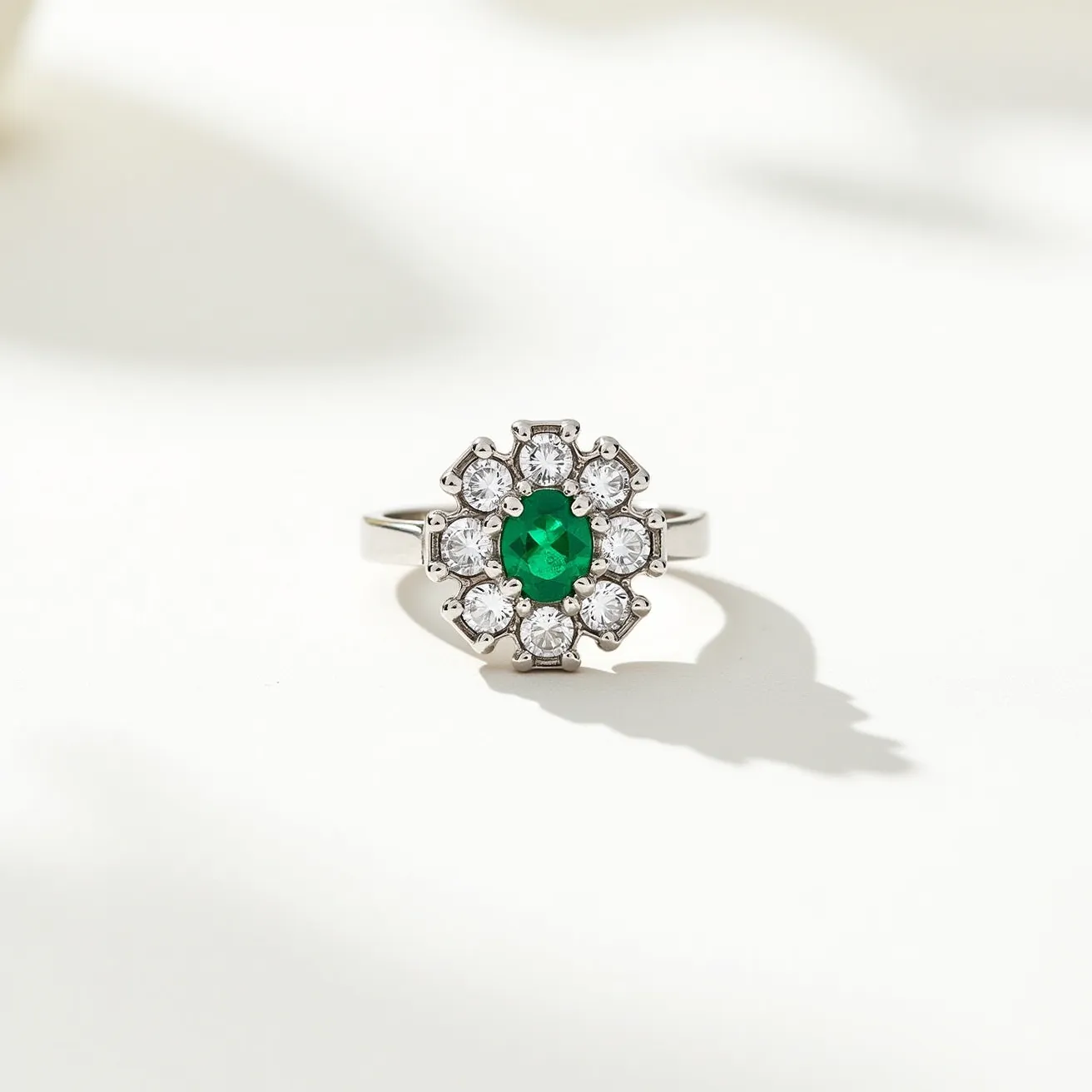 This white gold ring features a vibrant green gemstone at its center, likely an emerald, showcasing a round cut. The centerpiece is beautifully encircled by a halo of round cut diamonds, each set in a prong setting, which enhances the overall brilliance and elegance of the piece. The combination of the green gemstone and surrounding diamonds creates a captivating contrast, making the ring a striking piece of jewelry.