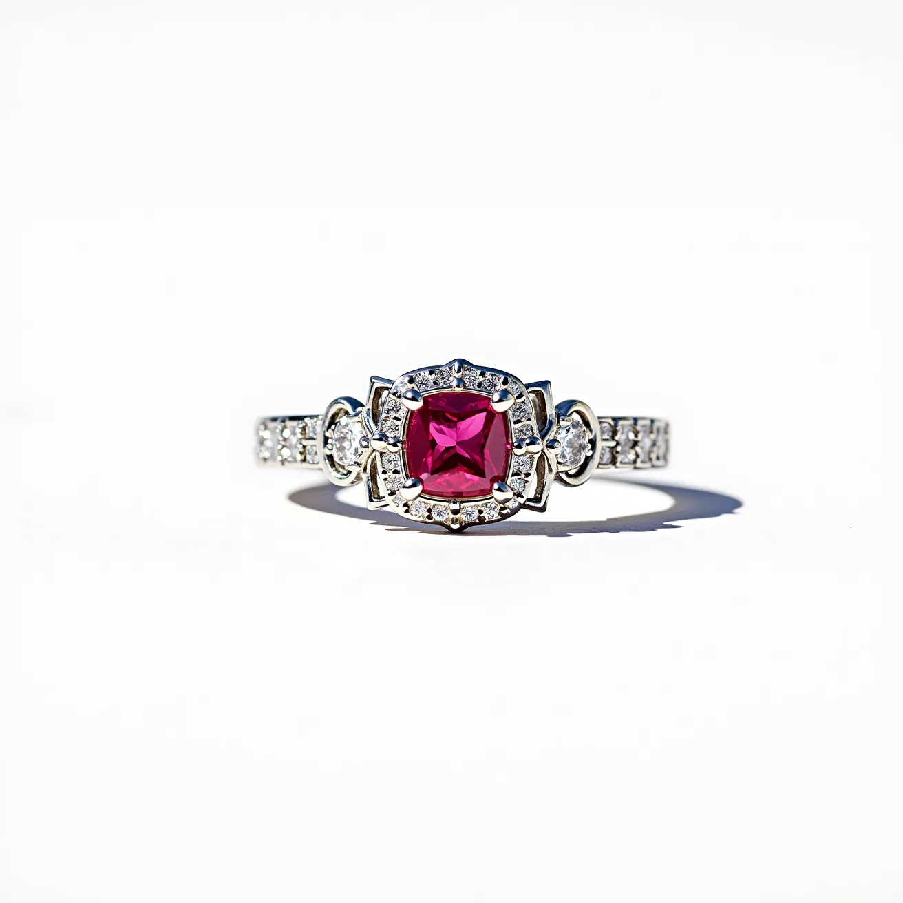 This white gold ring features a stunning square-cut red gemstone as its centerpiece, possibly a ruby, set in a secure prong setting. The central gem is surrounded by a halo of smaller, clear round stones, likely diamonds, which add brilliance and enhance the vibrant color of the main stone. The band is adorned with additional clear stones, set in a symmetrical pattern that extends partway down each side, offering a continuous sparkle. The design is elegant and sophisticated, showcasing a blend of classic and contemporary elements.