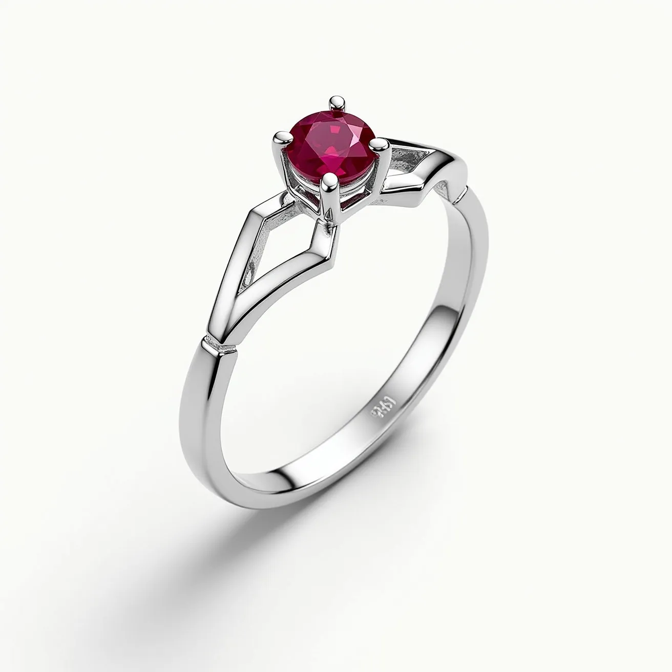 This white gold ring features a striking round ruby set in a four-prong setting, showcasing its vibrant red hue. The band has a sleek, polished finish, enhancing the gemstone's allure. The design includes an elegant open geometric detail on each side of the stone, adding a modern touch to the classic solitaire style. The ring does not have any clasps or additional attachments, maintaining a minimalist and refined aesthetic.